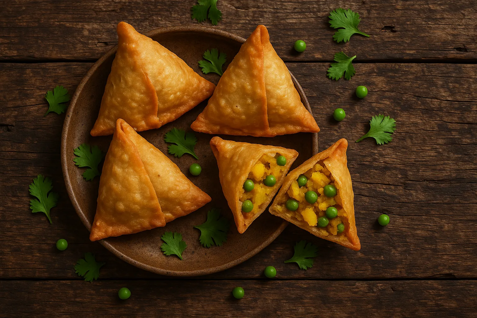 Fresh samosa on rustic wooden table - 262 calories per piece
