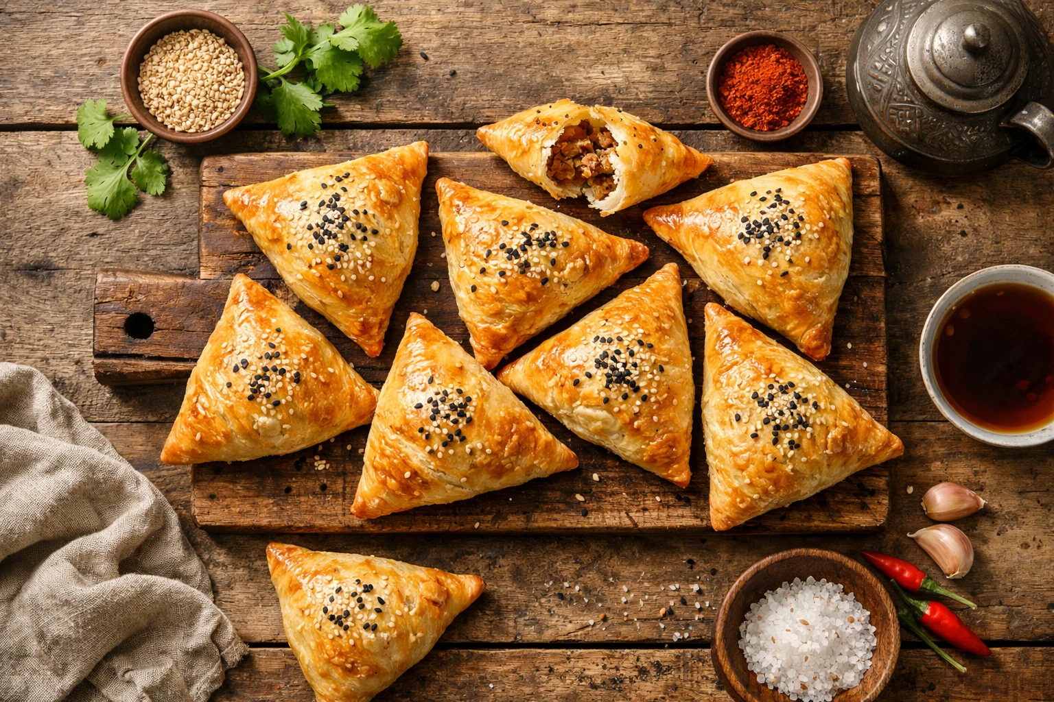 Fresh Uzbek samsa on rustic wooden table - 320 calories per piece