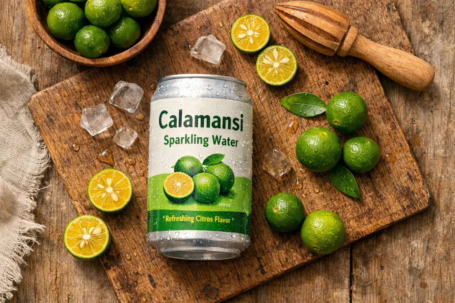 Frisches Sanzo Calamansi Sparkling Water auf rustikalem Holztisch - 5 Kalorien pro 12oz Dose