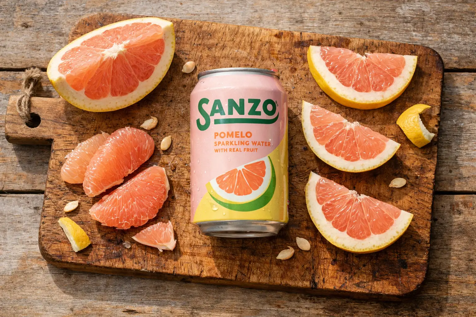 Eau pétillante Sanzo Pomelo fraîche sur une table en bois rustique - 10 calories par canette