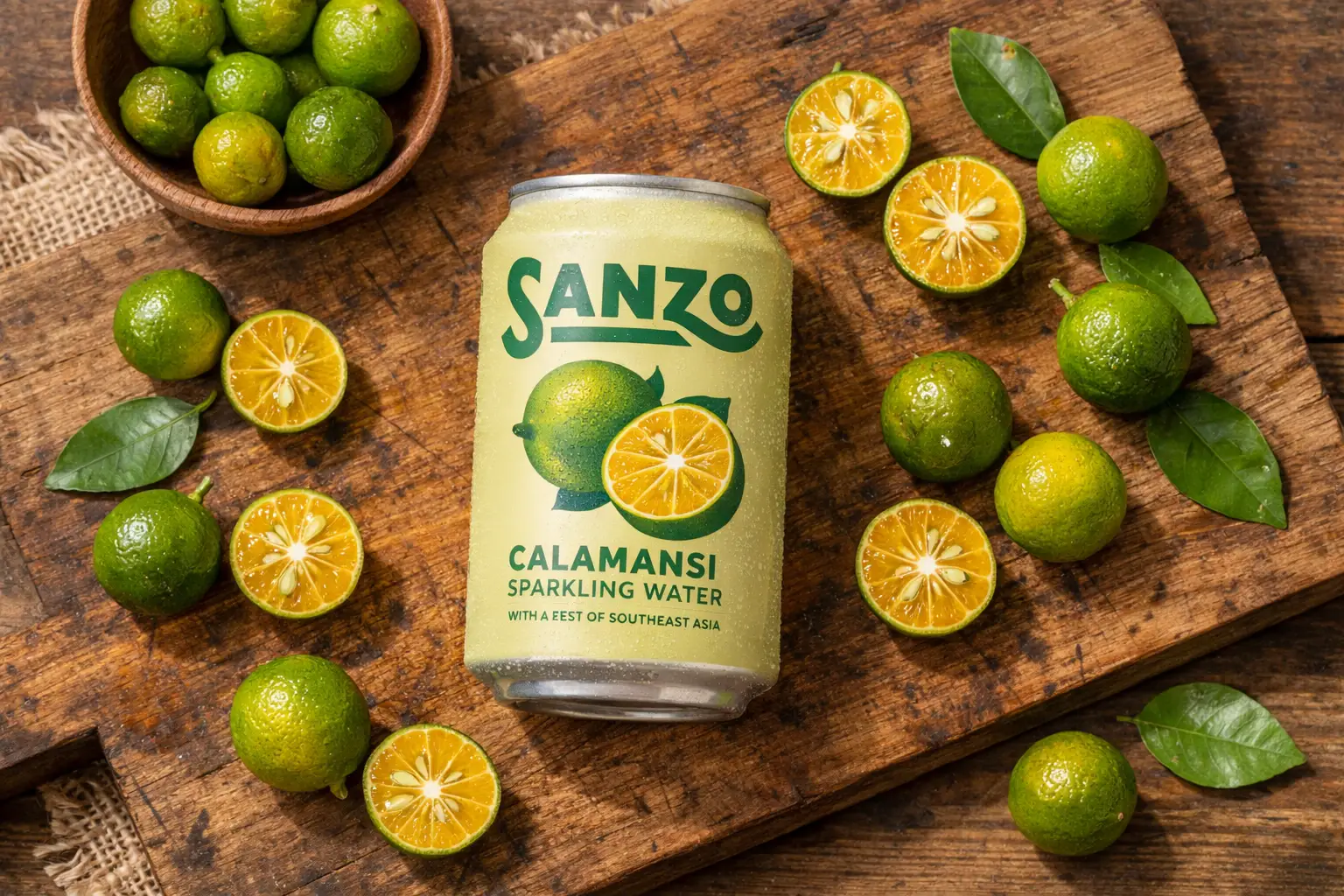 Fresh Sanzo Calamansi sparkling water on rustic wooden table - 5 calories per can