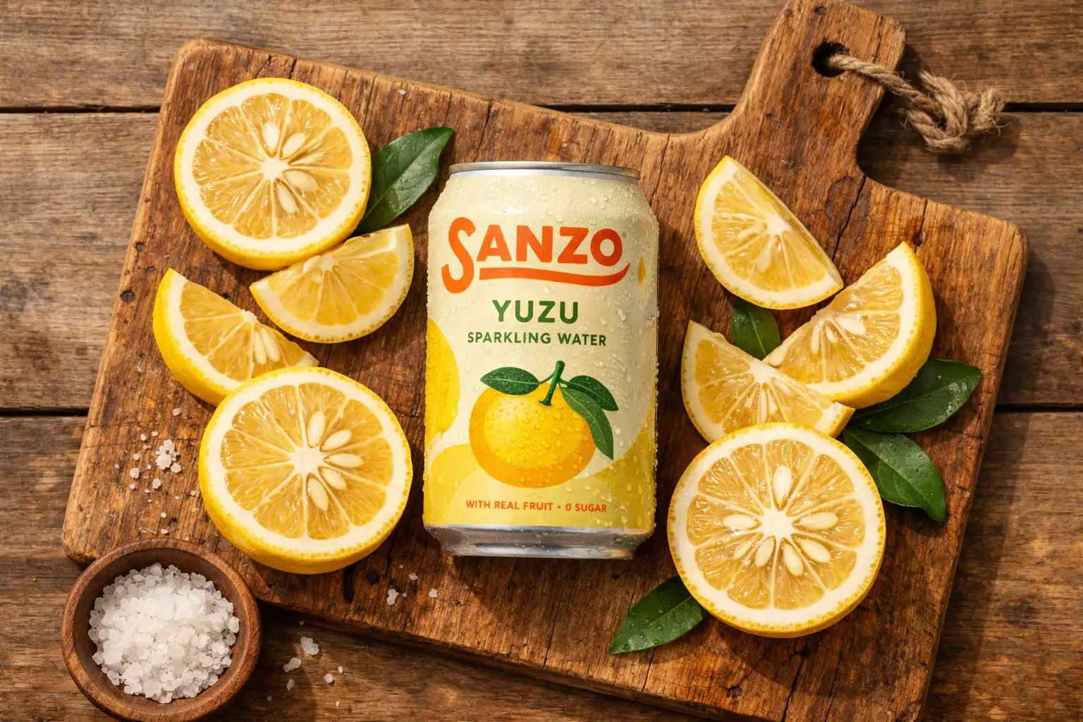 Frisches Sanzo Yuzu Sprudelwasser auf rustikalem Holztisch - 0 Kalorien pro Dose
