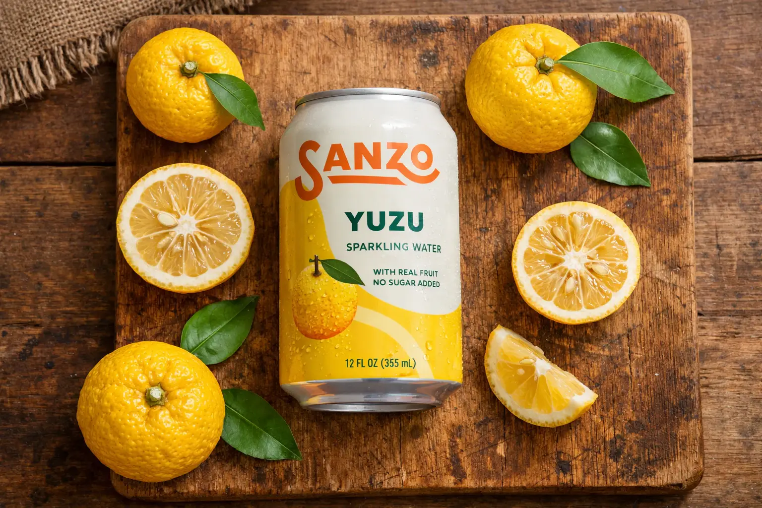 Fresh Sanzo Yuzu Sparkling Water on rustic wooden table - 0 calories per can