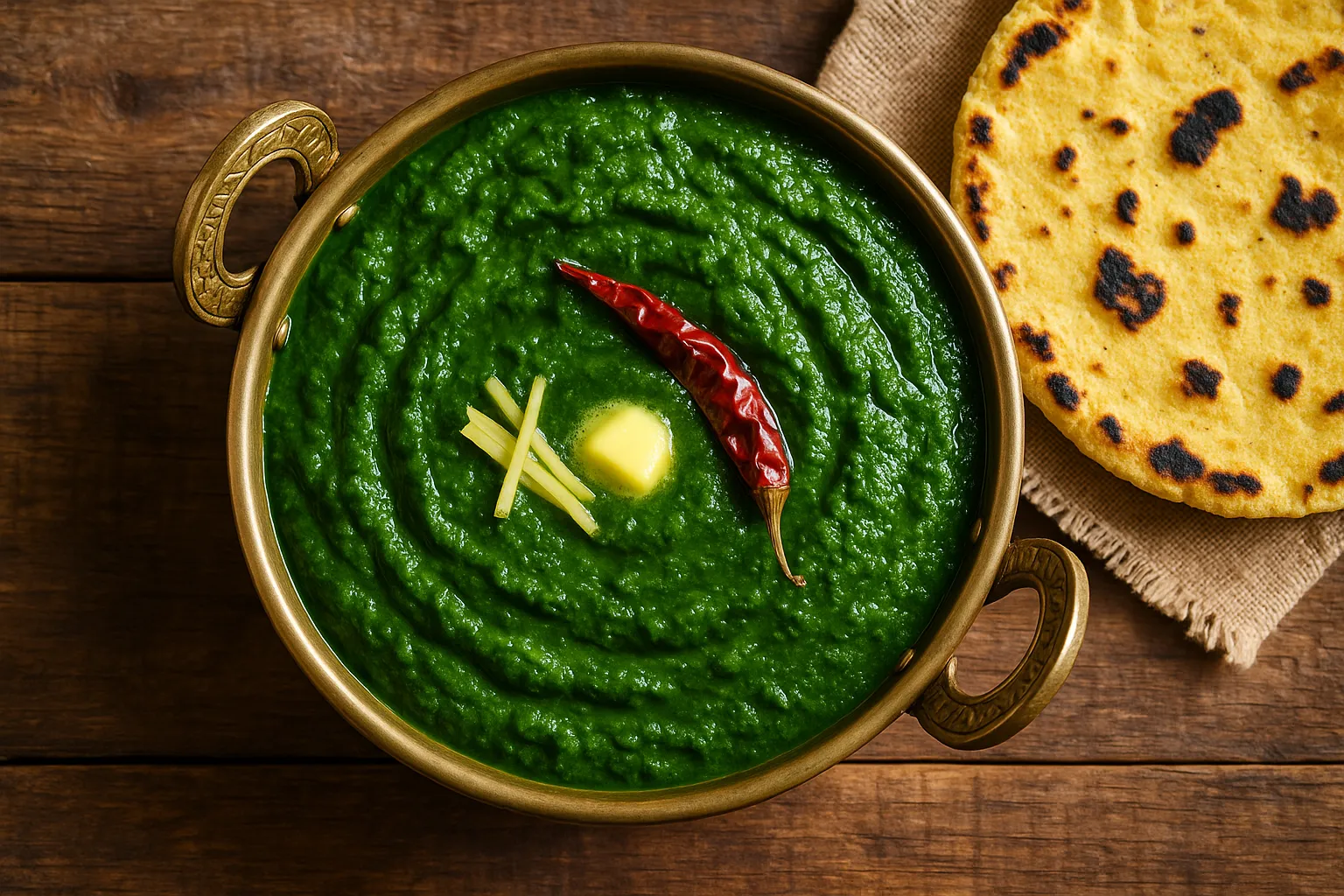 Fresh Sarson Da Saag on rustic wooden table - 26 calories per 100g