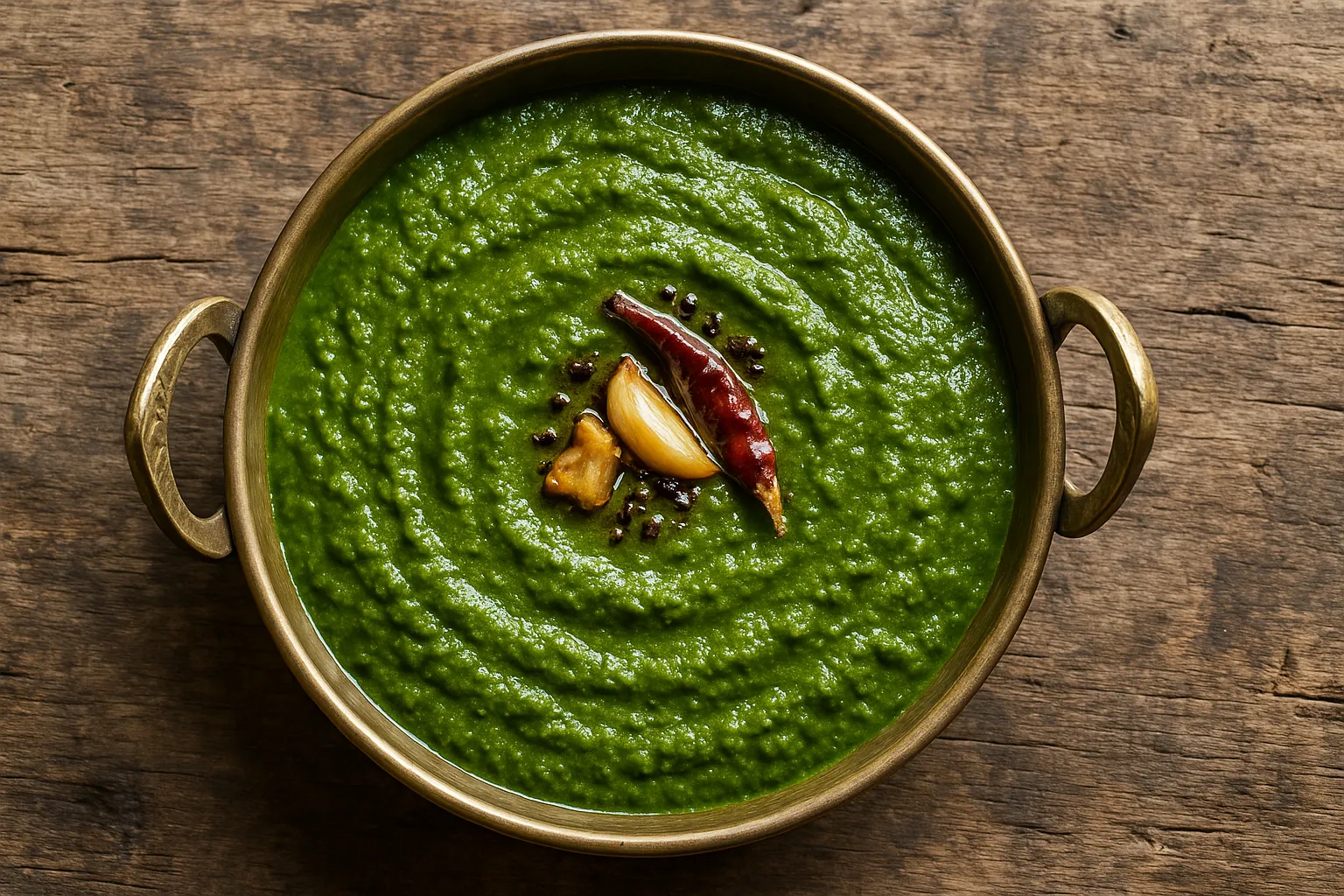 Fresh sarson ka saag on rustic wooden table - 26 calories per 100g