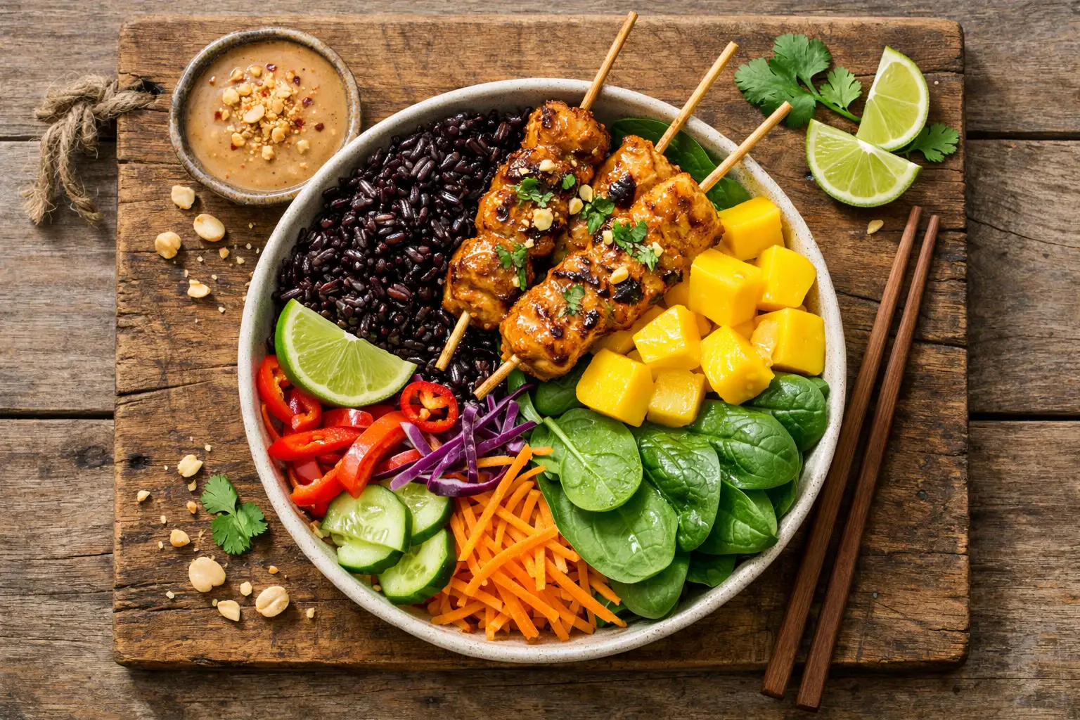 Fresh satay chicken bowl with black rice and mango on rustic wooden table - 339 calories per bowl