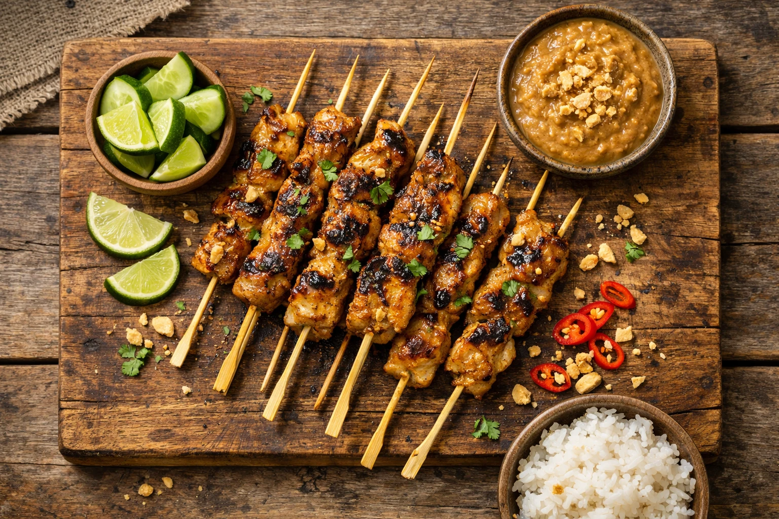 Brochetas de satay a la parrilla frescas con salsa de cacahuete sobre mesa de madera rústica - 250 calorías por 3 brochetas