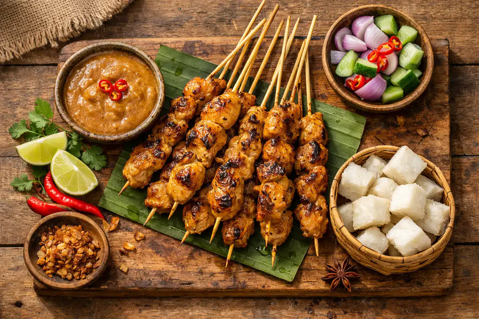 Fresh Indonesian chicken satay skewers on rustic wooden board - 320 calories per 5 skewers