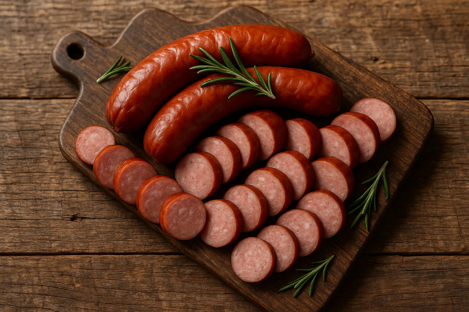 Fresh sausage slices on rustic wooden table - 280 calories per 100g