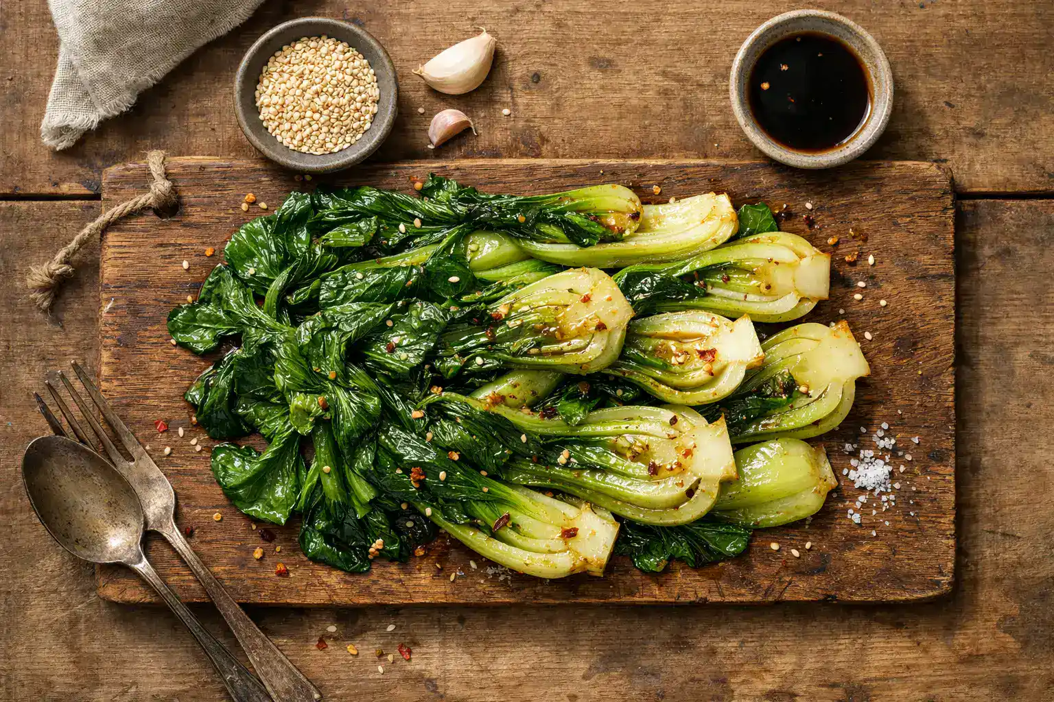 Fresh sauteed bok choy on rustic wooden table - 65 calories per cup