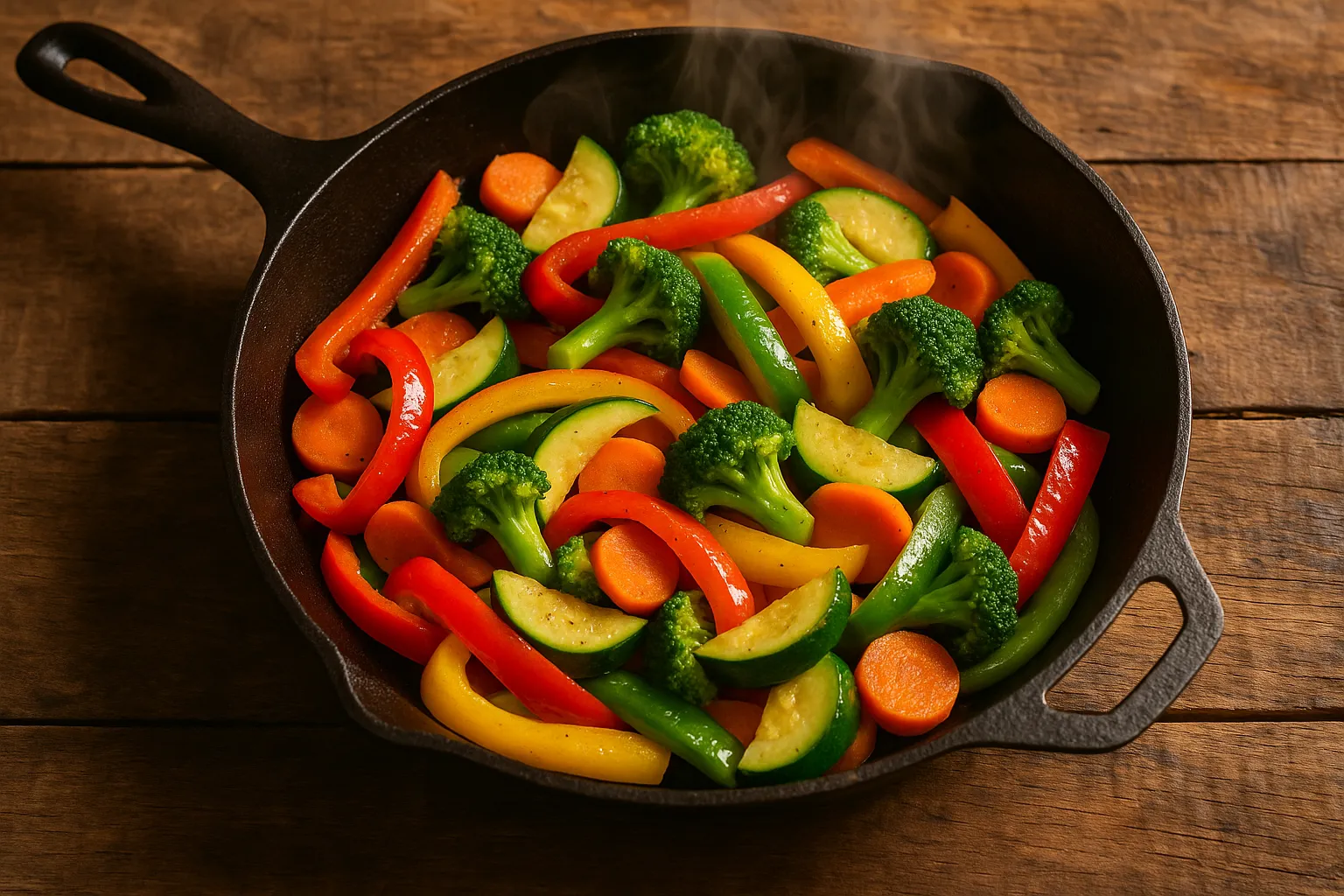 Fresco sautéed vegetables on rustic wooden table - 67 calorías por taza