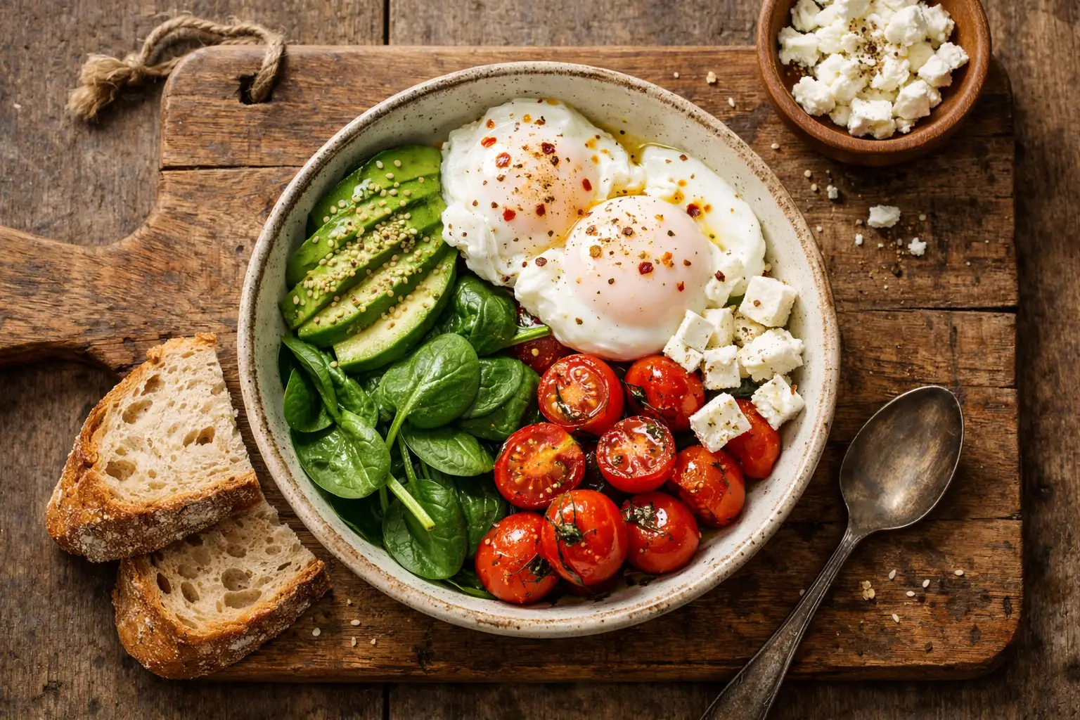 Fresh savoury breakfast bowl on rustic wooden table - 300 calories per serving