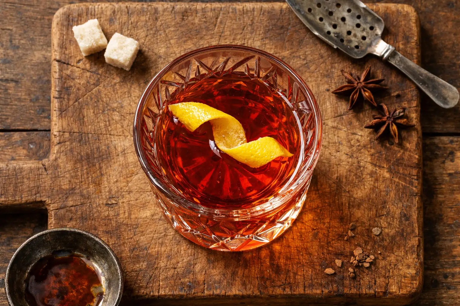Cocktail sazerac frais sur table en bois rustique - 147 calories par portion