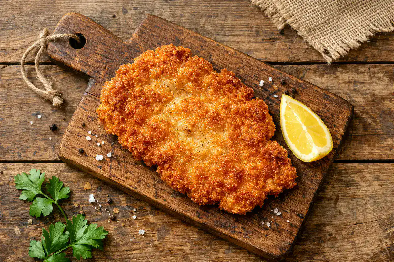 Frisches Schnitzel auf rustikalem Holztisch - 280 Kalorien pro Portion