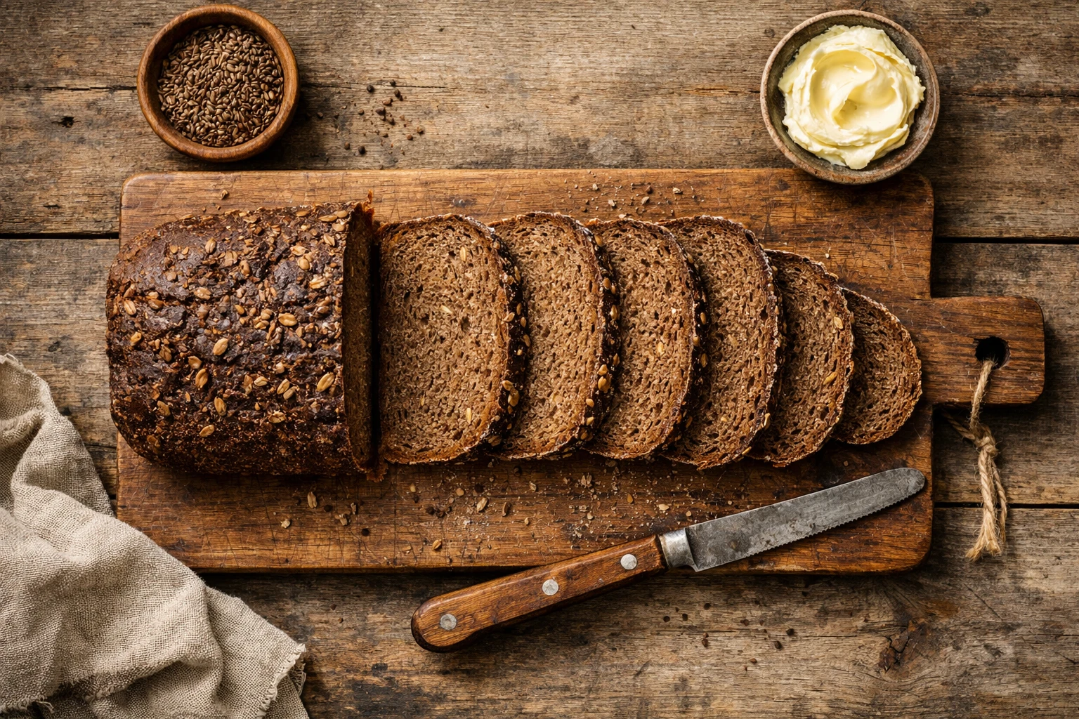 Frisches Schwarzbrot deutsches dunkles Roggenbrot auf Holztisch - 220 Kalorien pro 100 g