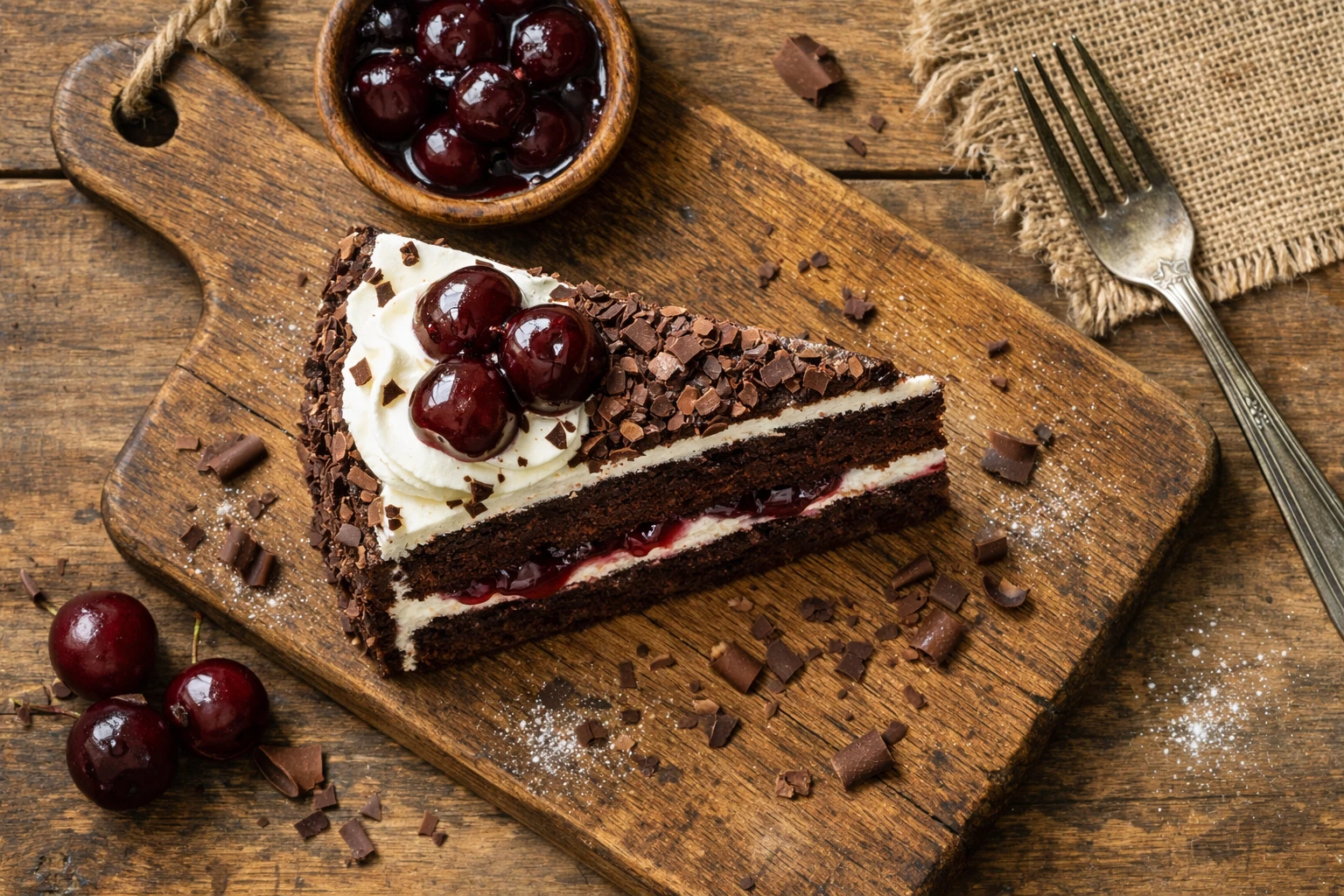 रस्टिक लकड़ी की मेज पर ताज़ा श्वार्ट्सवाल्डर किर्शटॉर्ट - प्रति स्लाइस 320 कैलोरी