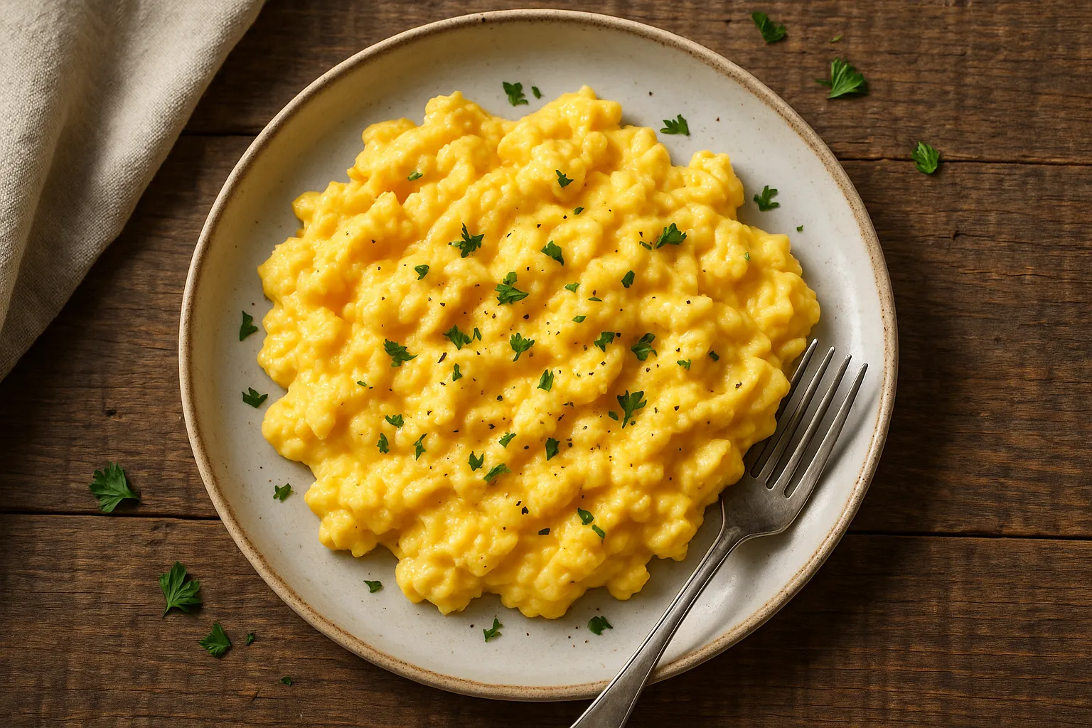 Fresh scrambled eggs on rustic wooden table - 148 calories per 100g