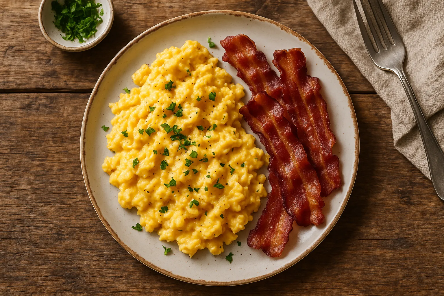 Scrambled eggs mit crispy bacon on rustic wooden table - 276 Kalorien pro 100g