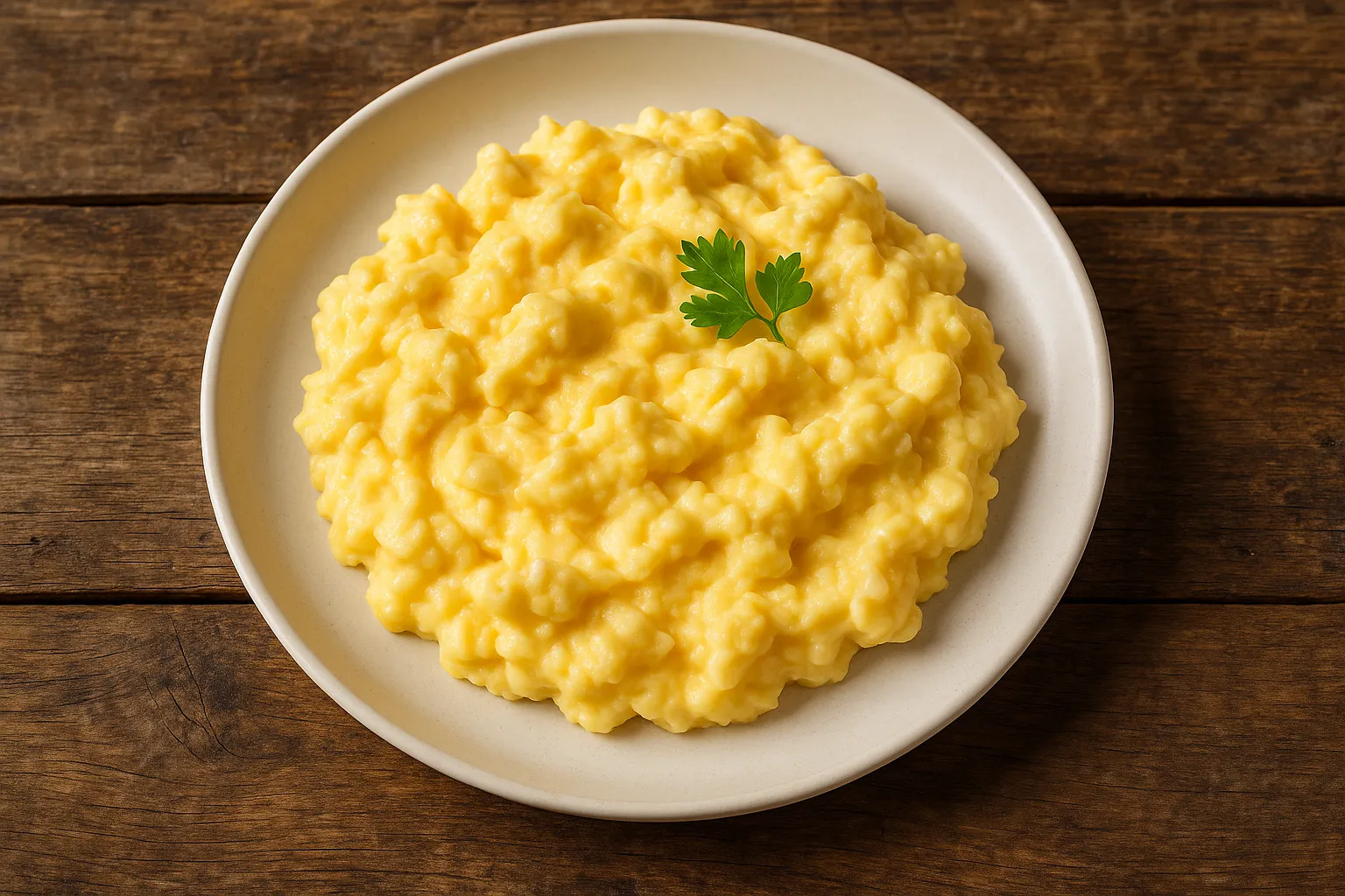 Fresh scrambled eggs on rustic wooden table - 149 calories per 100g