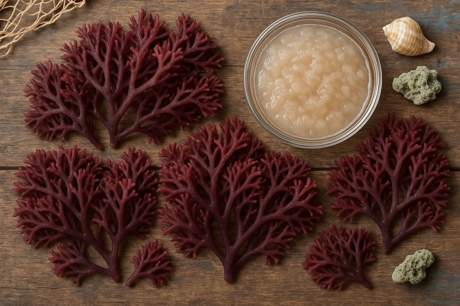 रस्टिक लकड़ी की टेबल पर ताजा आयरिश सी मॉस (Chondrus crispus) - 5 कैलोरी प्रति 100g