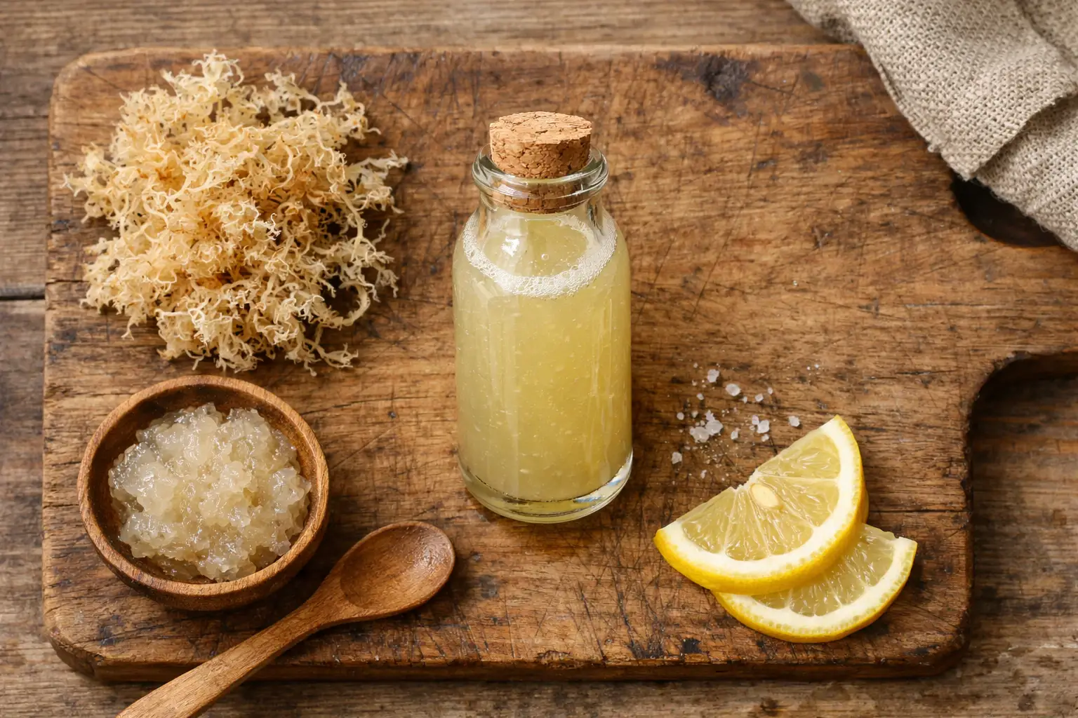 Shot fresco de musgo marino en botella de vidrio sobre mesa de madera rústica - 15 calorías por shot de 60ml