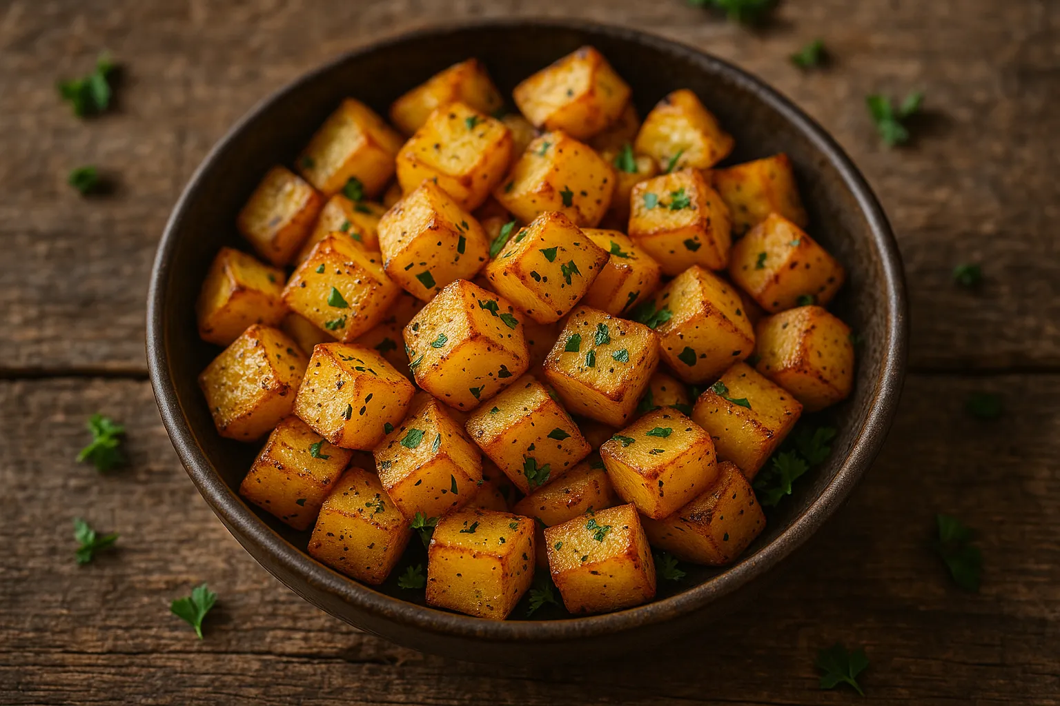 Fresh seasoned potatoes on rustic wooden table - 175 calories per cup