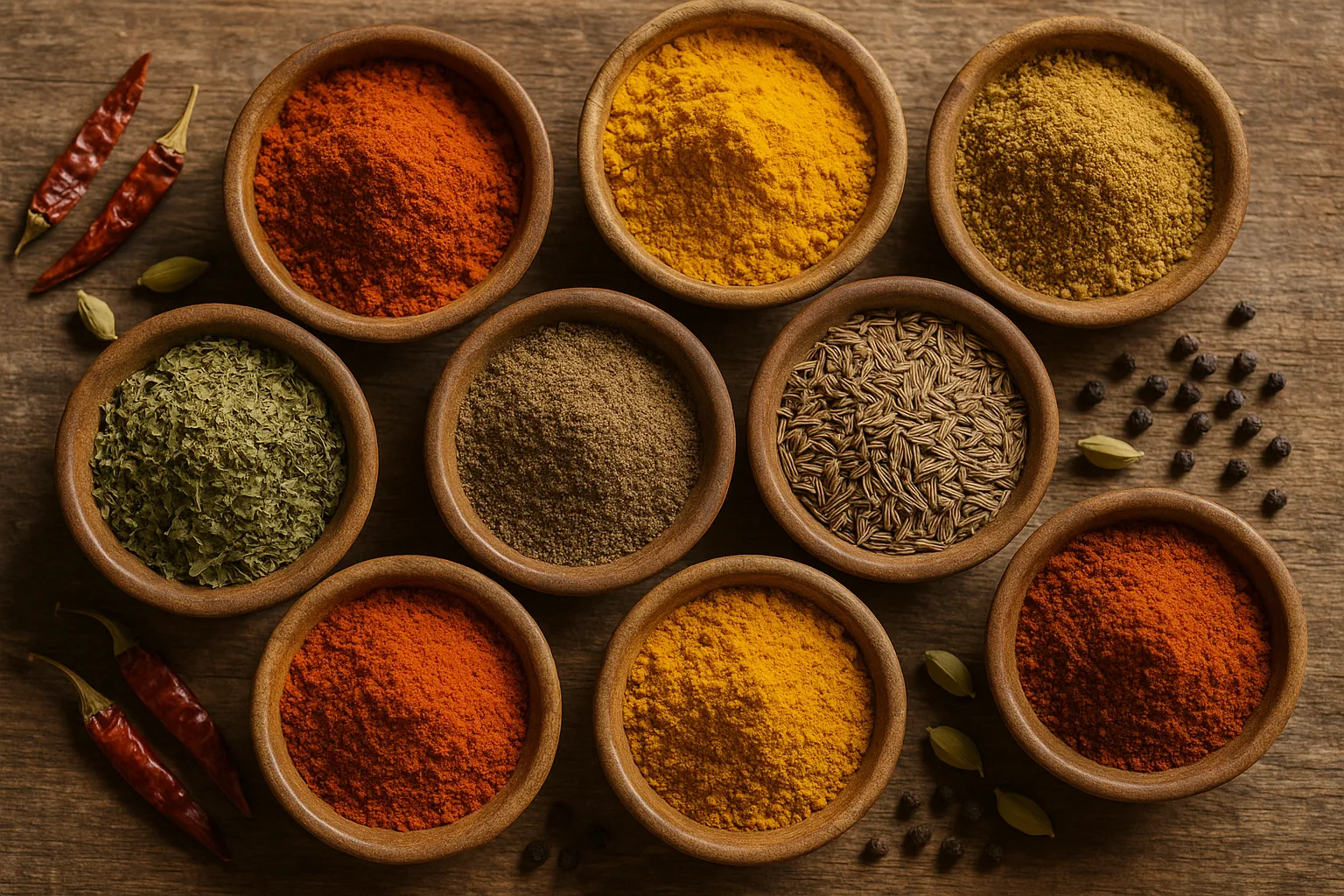 Fresh Indian seasonings on rustic wooden table - 5-20 calories per teaspoon