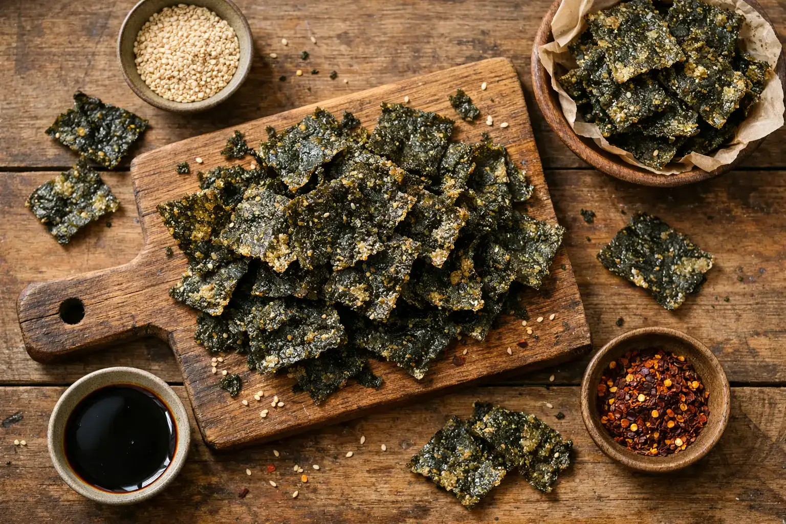 Fresh seaweed chips on rustic wooden table - 80 calories per 20g serving