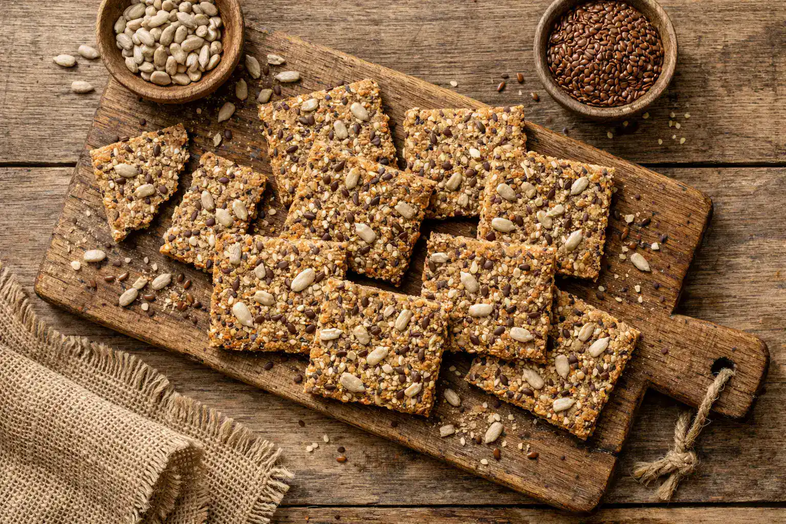 Frische Vollkorn-Knäckebrote mit Samen auf rustikalem Holztisch – 120 Kalorien pro 30-g-Portion