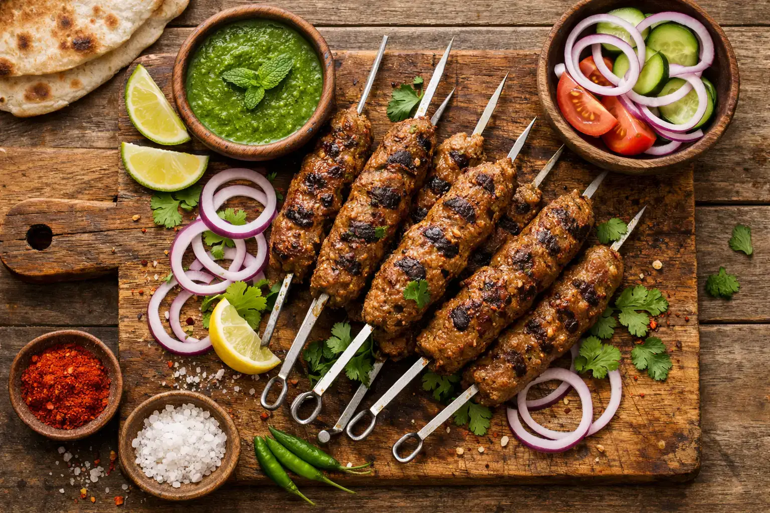 Fresh seekh kebab on rustic wooden table - 200 calories per 100g serving