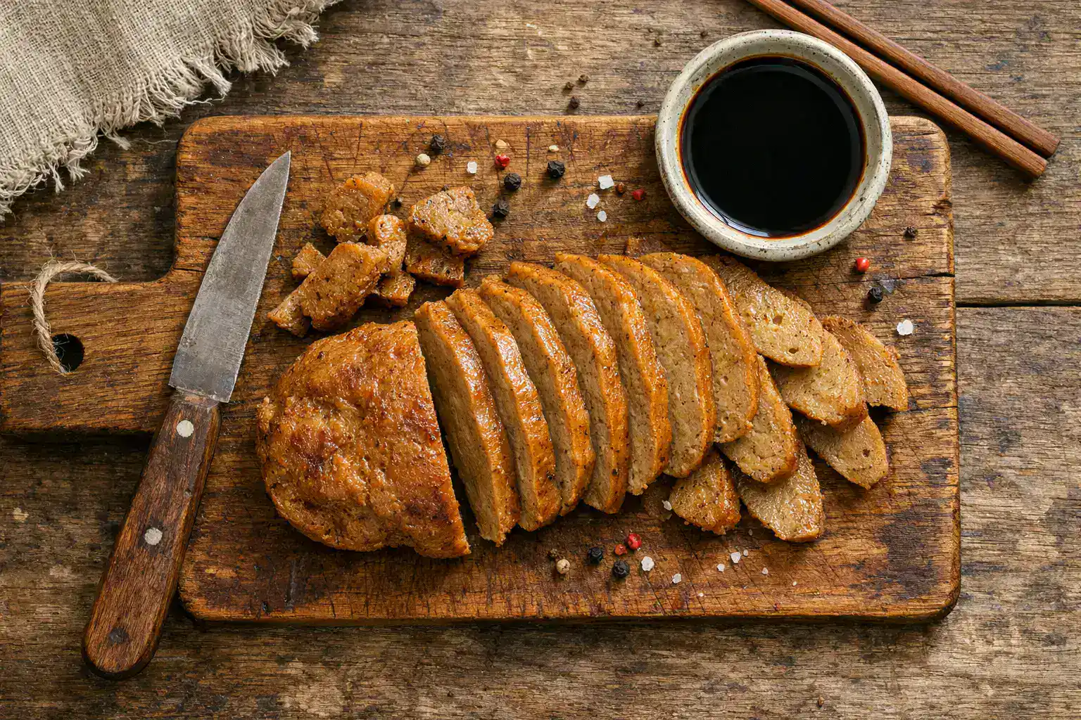 Seitan frais au gluten de blé sur planche en bois rustique - 370 calories pour 100g