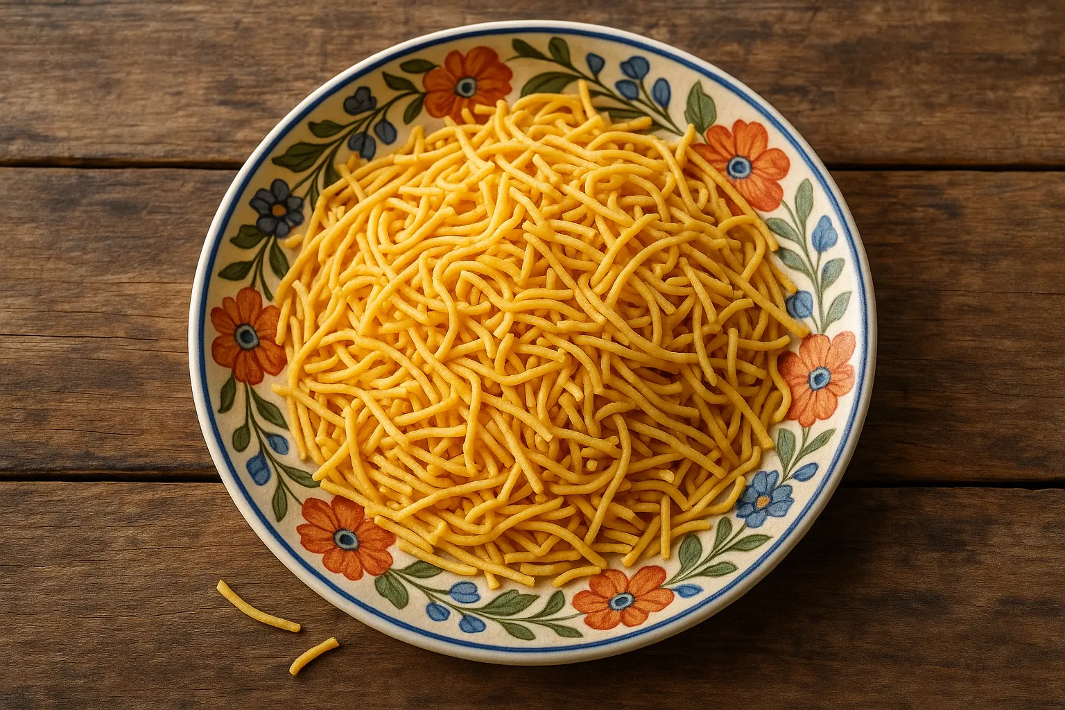 Crispy sev strands on traditional plate - 140 calories per 30g serving