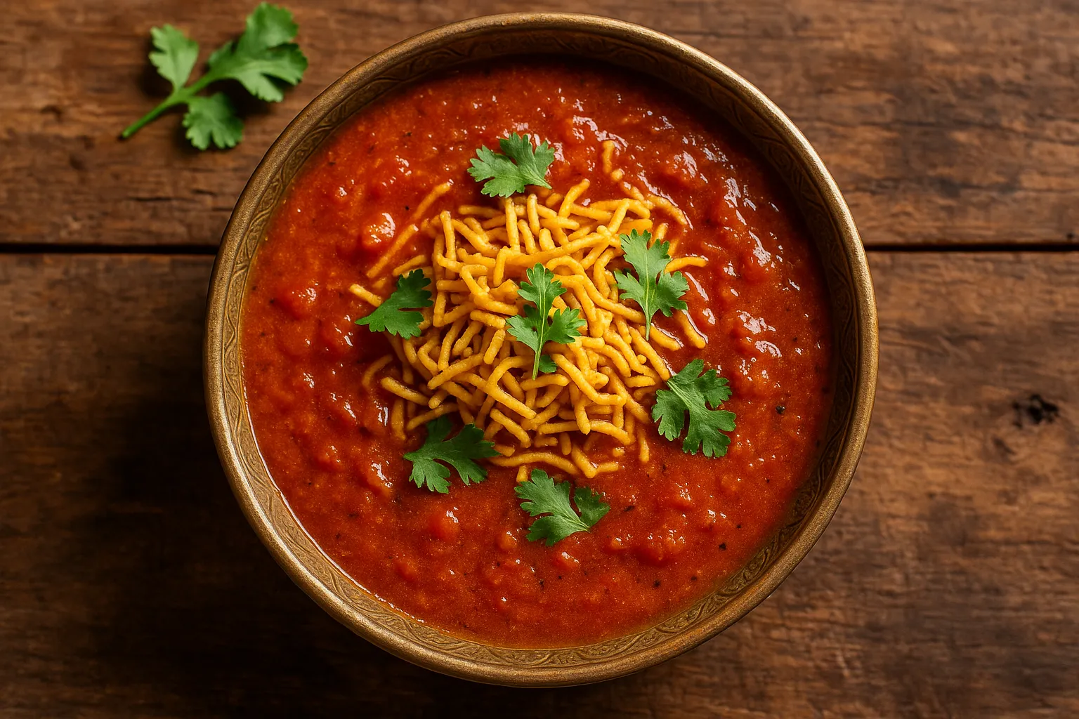 Fresh Sev Tamatar on rustic wooden table - 135 calories per 100g