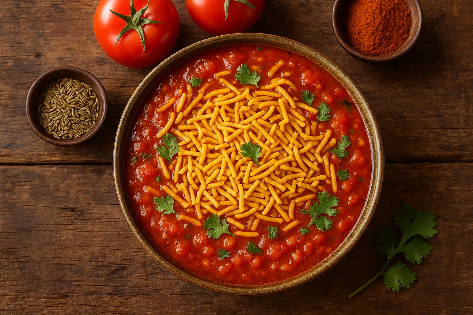 Bowl of Sev Tamatar Sabzi with crispy sev on rustic wooden table - 156 calories per serving
