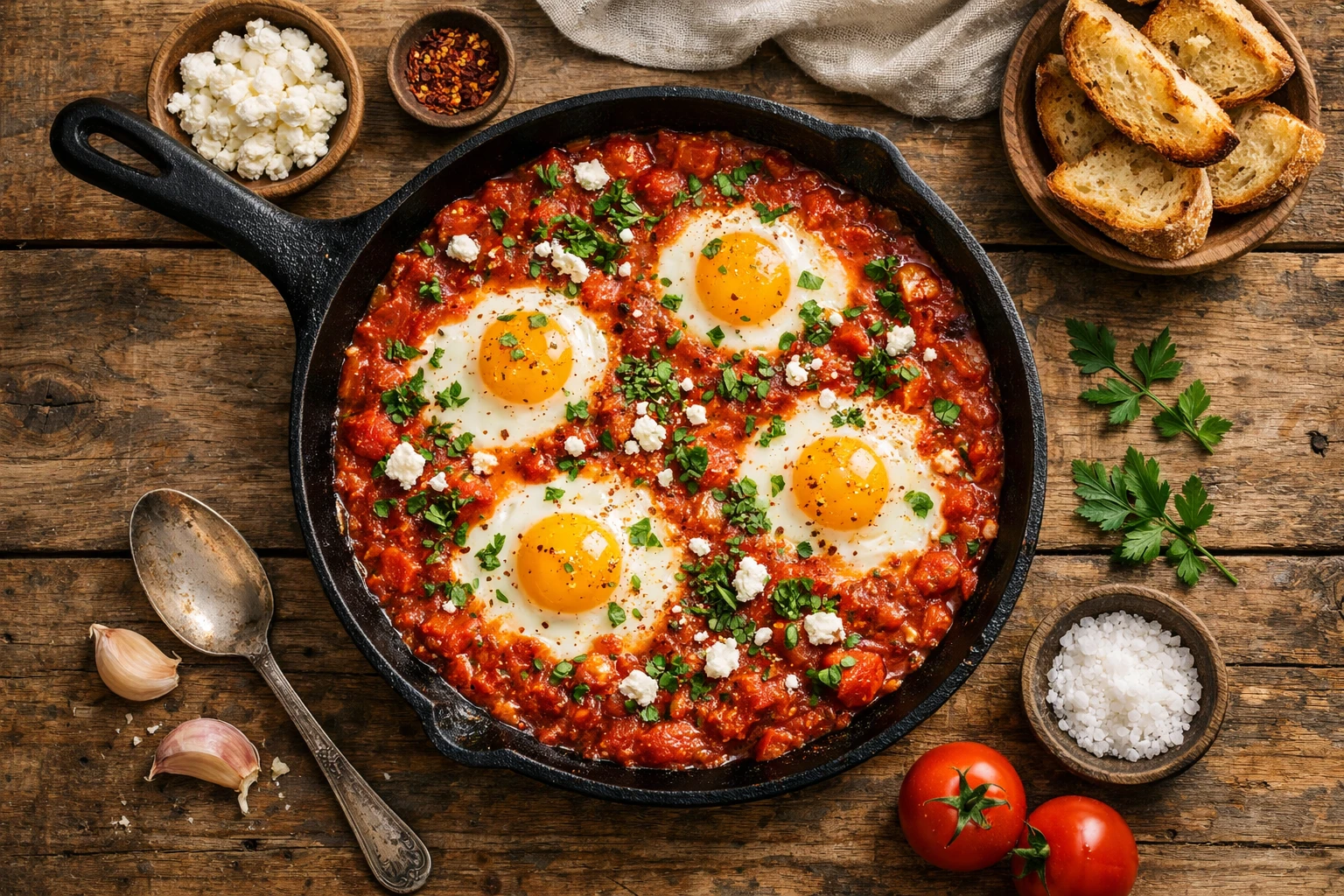 Shakshuka eggs poached in spiced tomato sauce - 220 calories per serving