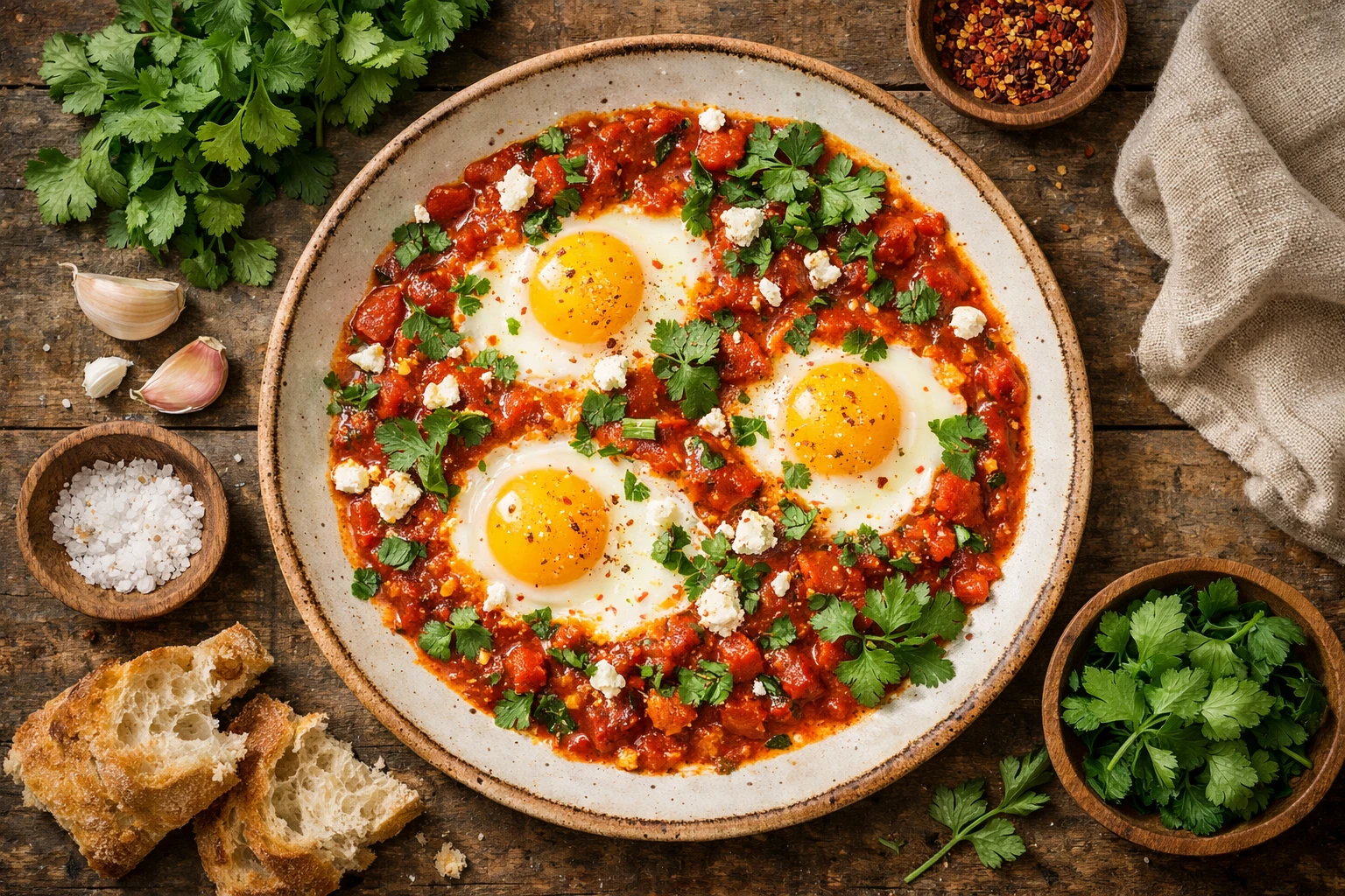 Shakshuka eggs poached in spiced tomato sauce on ceramic plate - 200 calories per serving