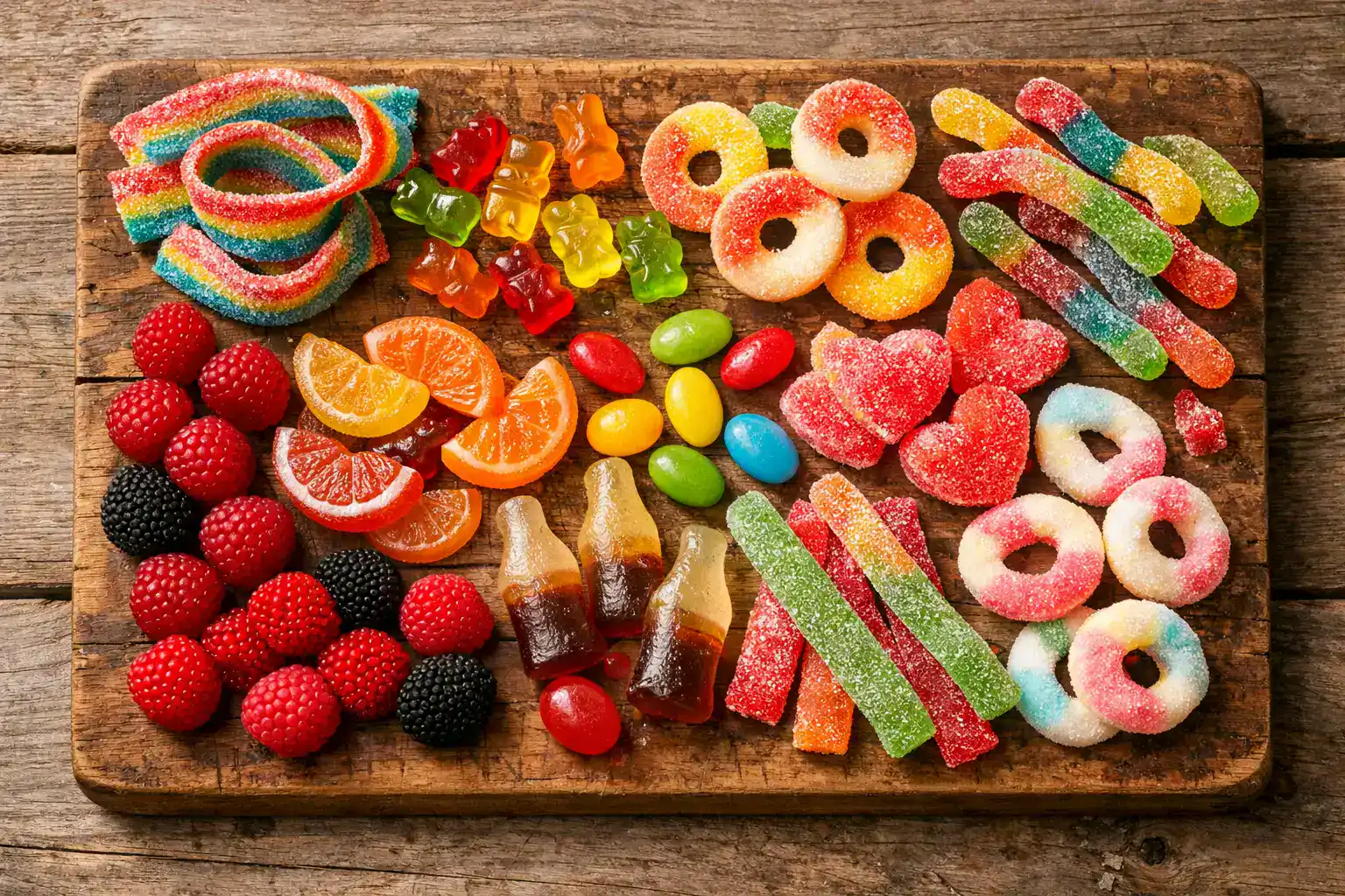 Caramelos gomosos frescos en mesa de madera rústica - 110 calorías por porción de 3 piezas