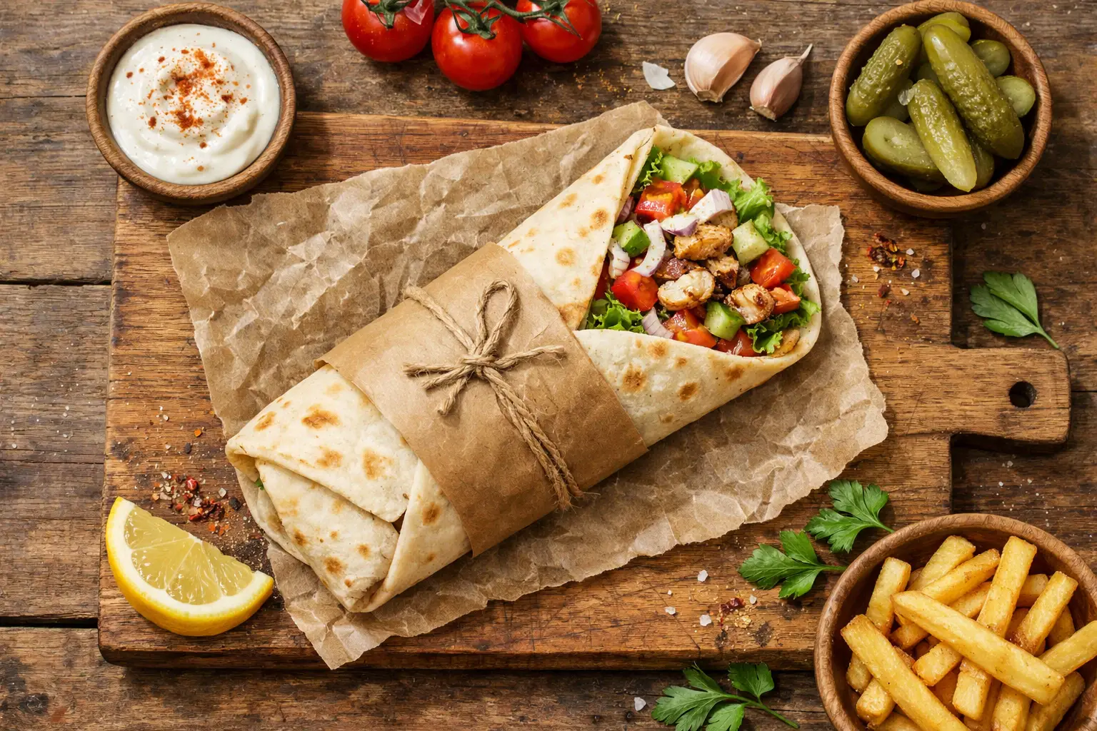 Envoltorio fresco de shawarma en mesa de madera rústica - 471 calorías por envoltorio