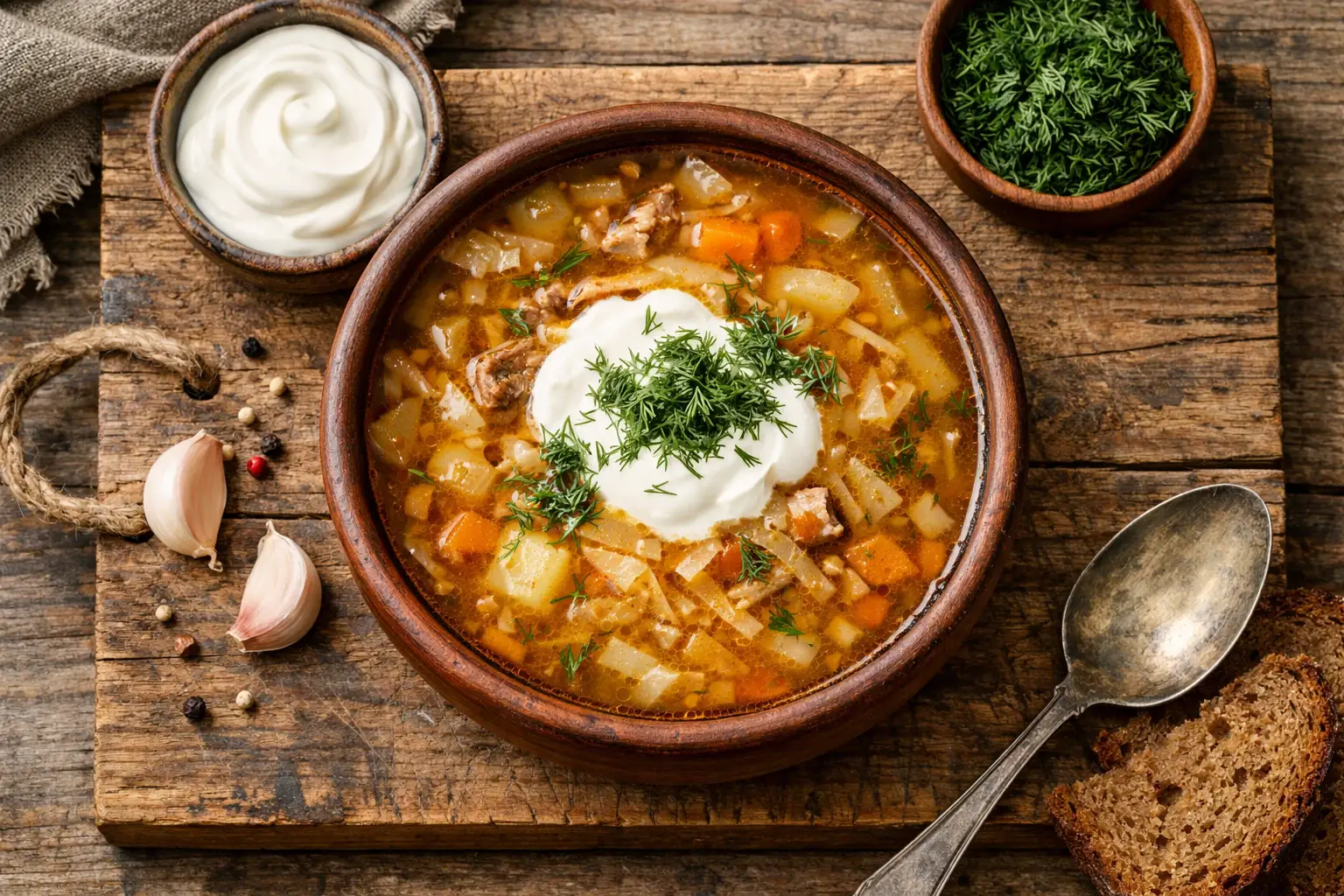 रस्टिक लकड़ी की टेबल पर ताज़ा shchi - प्रति कटोरा 150 कैलोरी