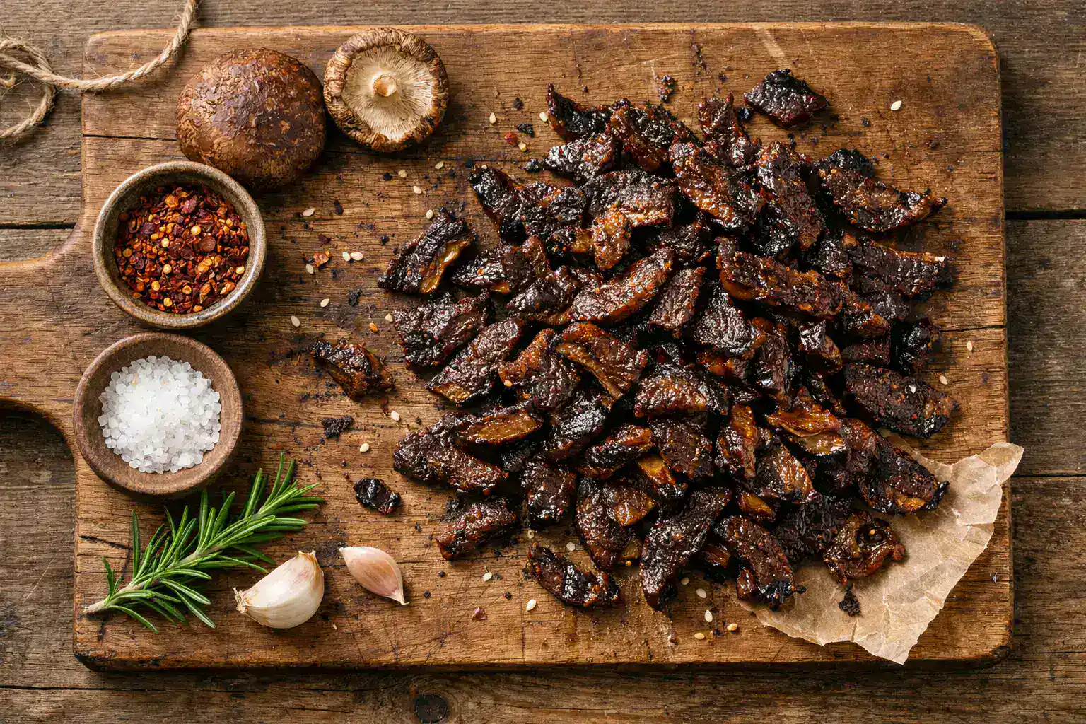 Frische Shiitake-Pilz-Jerky-Streifen auf rustikalem Holzbrett - 90 Kalorien pro 30 g Portion