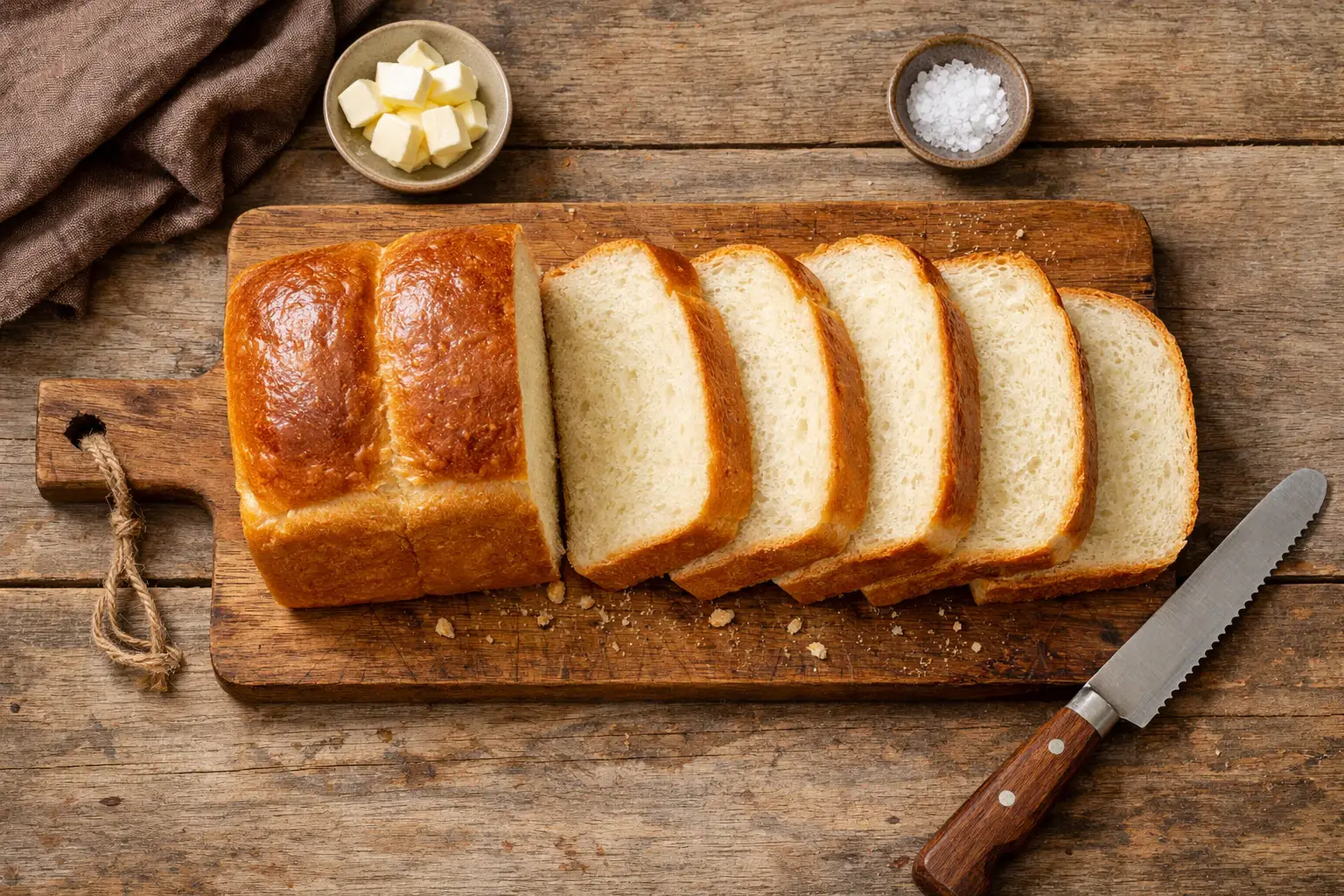 Fresh shokupan Japanese milk bread on rustic wooden table - 120 calories per slice