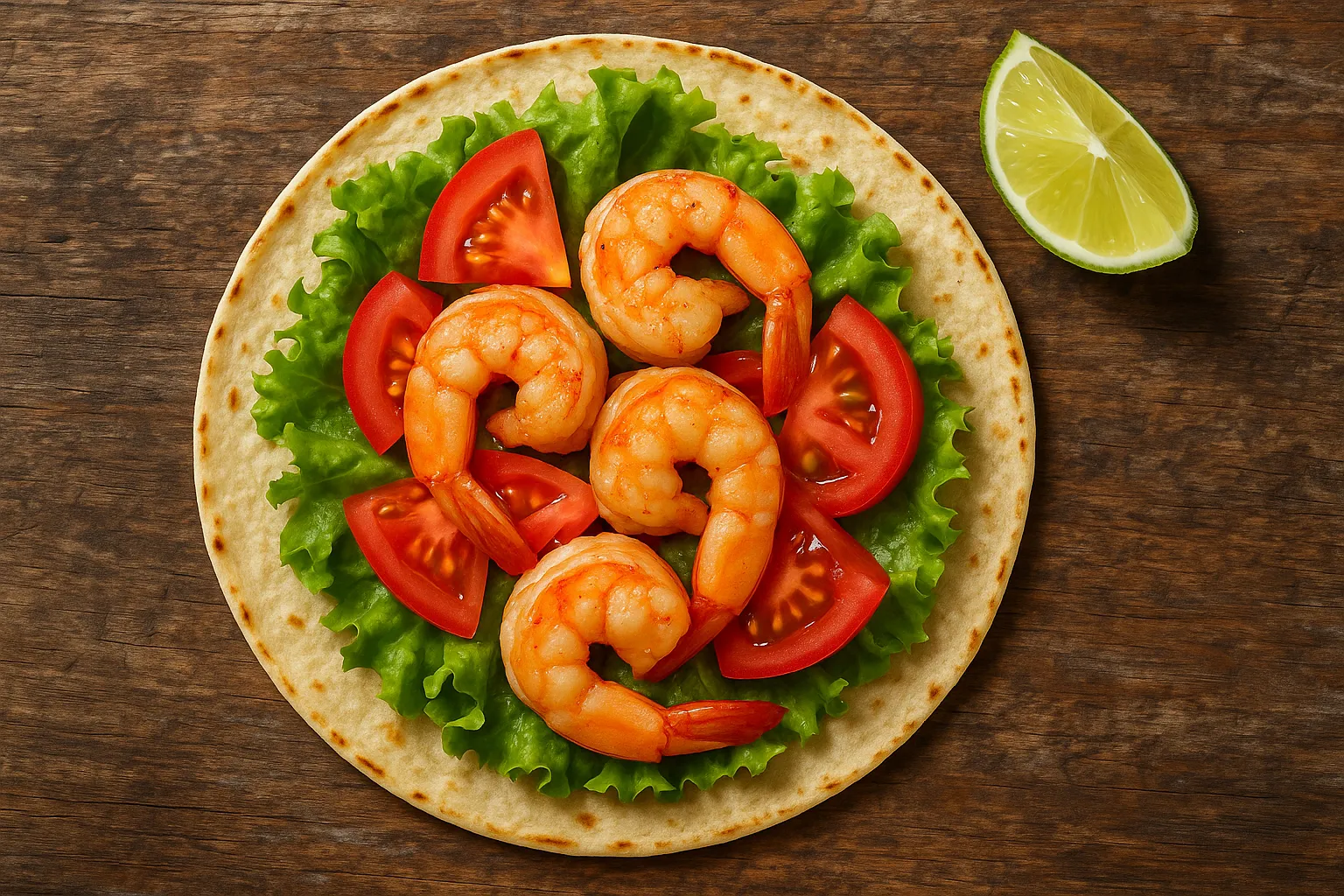 Fresh shrimp taco on rustic wooden table - 230 calories per taco