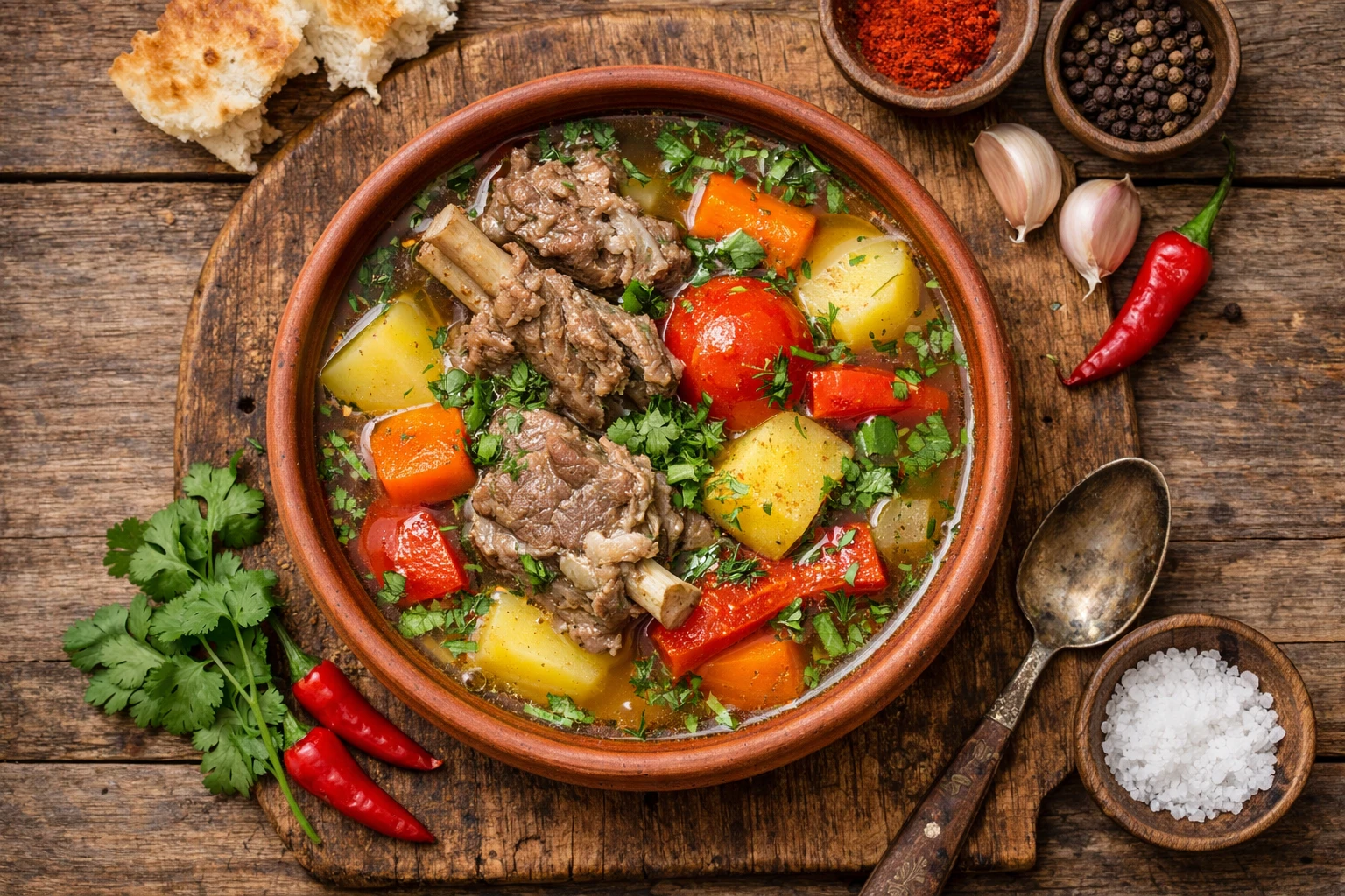 Sopa de cordero shurpa fresca en mesa de madera rústica - 210 calorías por porción