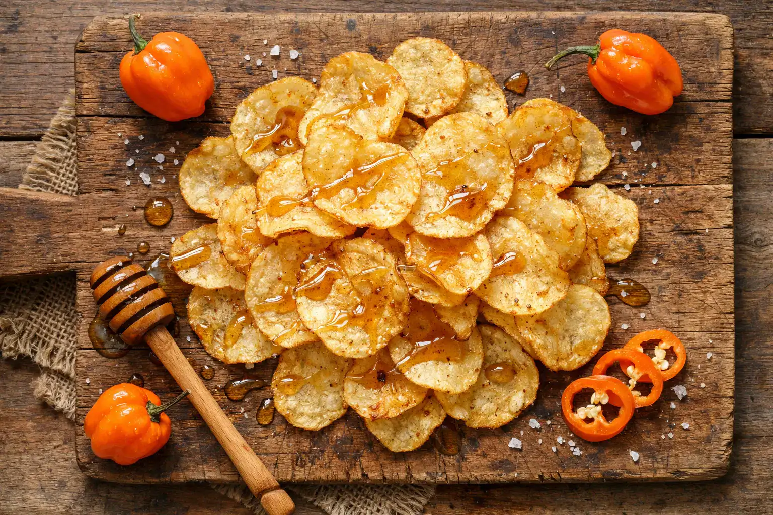 रस्टिक वुडन टेबल पर फ्रेश Siete Habanero Hot Honey Kettle Cooked Potato Chips - प्रति सर्विंग 140 कैलोरी