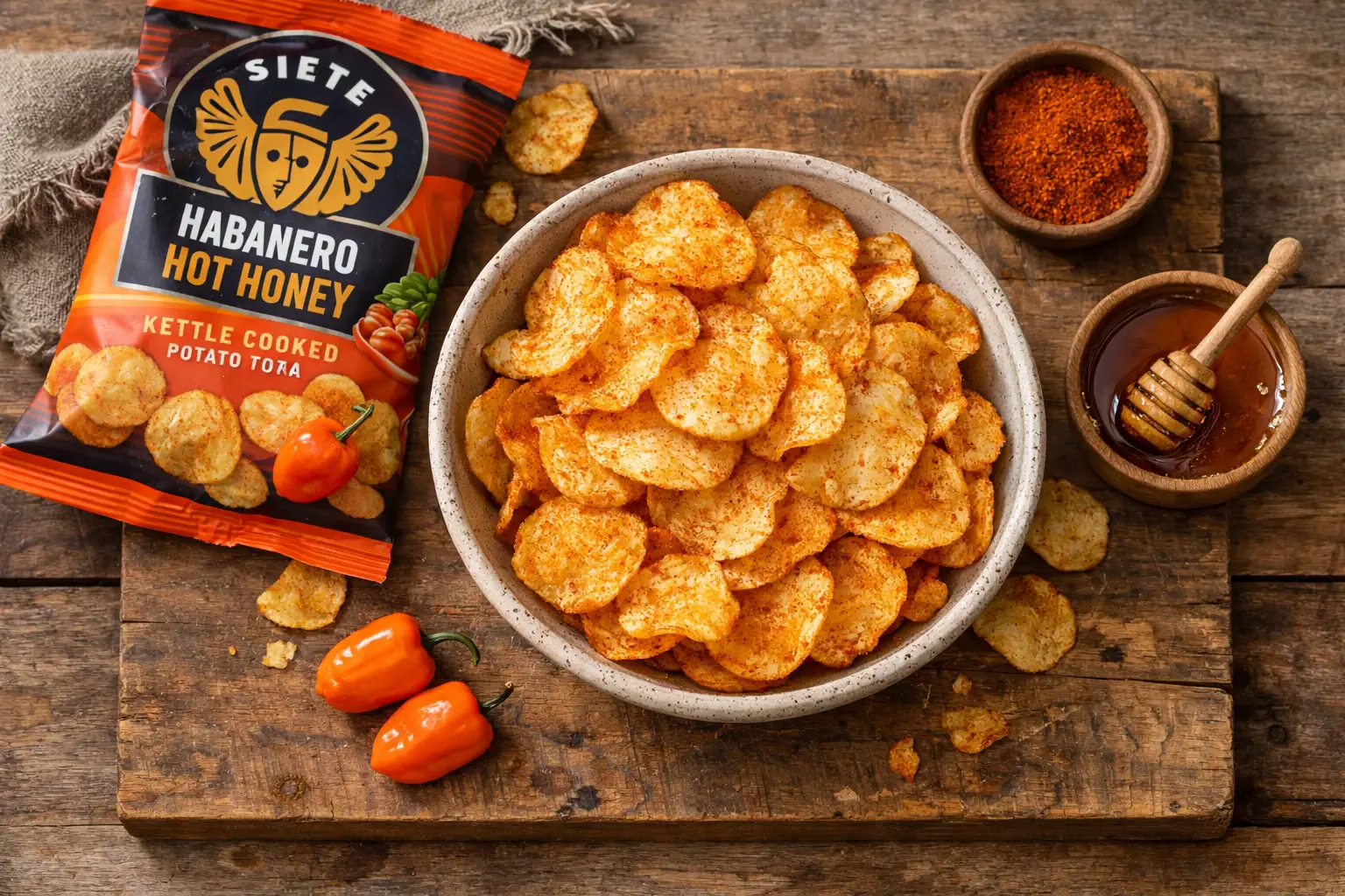 Chips Siete habanero hot honey frescos sobre mesa de madera rústica - 140 calorías por porción de 28 g