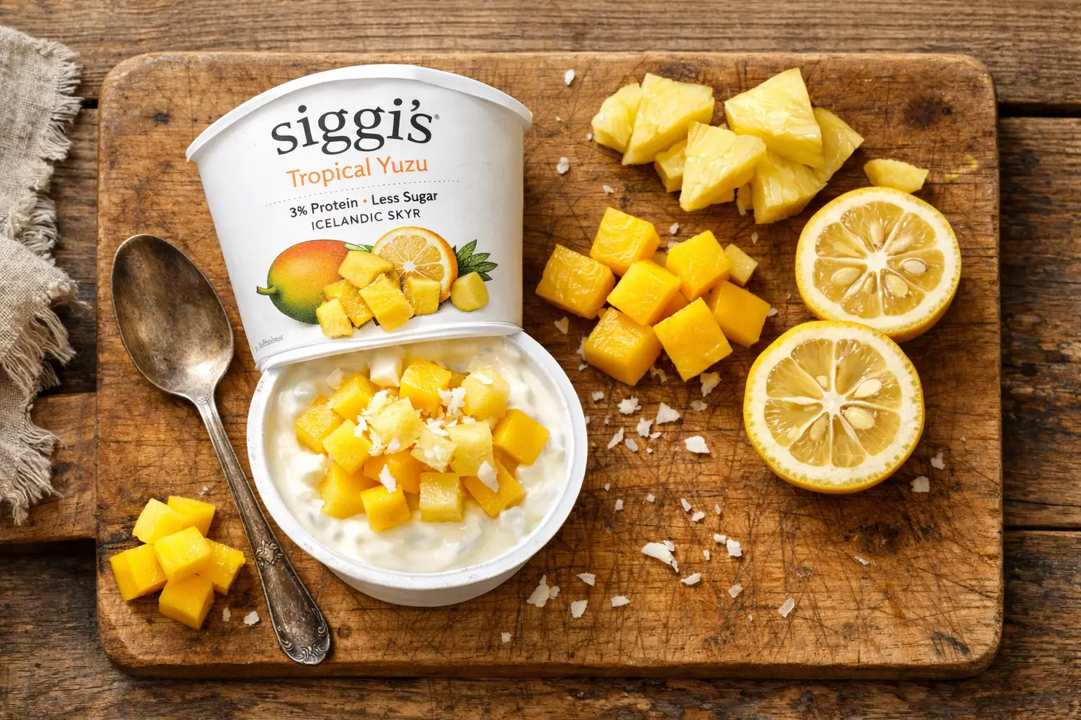 Fresh Siggi's Tropical Yuzu Skyr on rustic wooden table - 150 calories per 150g cup