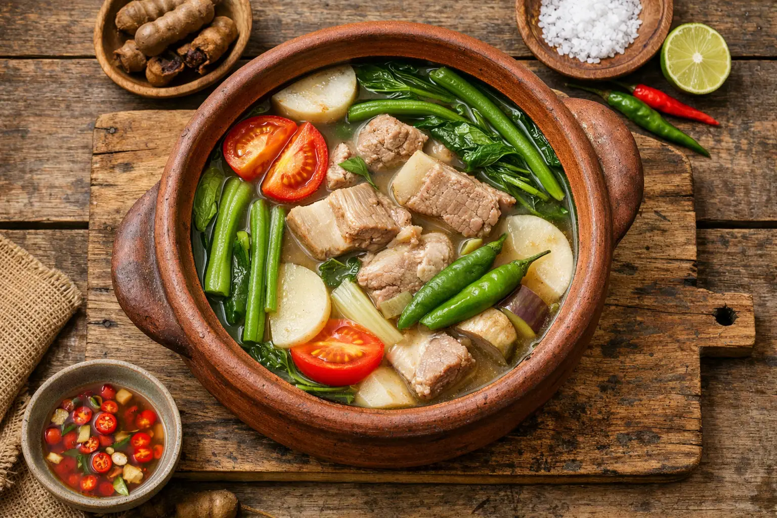 Sinigang fresco en mesa de madera rústica - 180 calorías por tazón