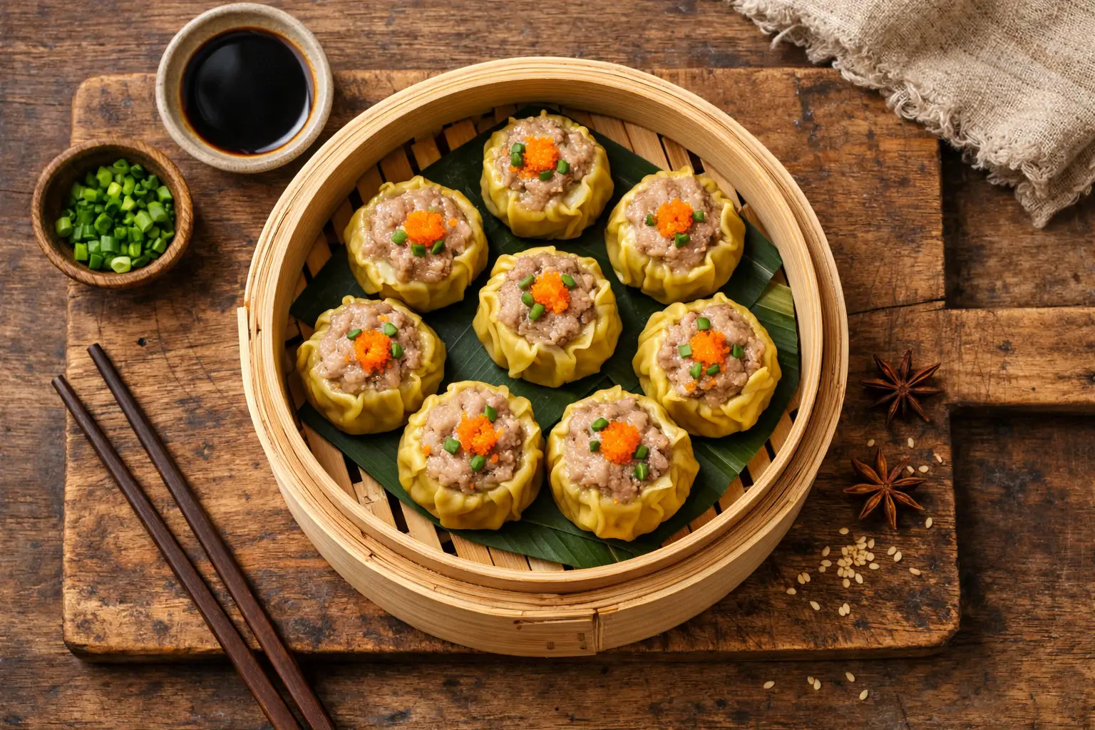 बैम्बू स्टीमर में फ्रेश सियु माई डंपलिंग - 3 पीस में 174 कैलोरी