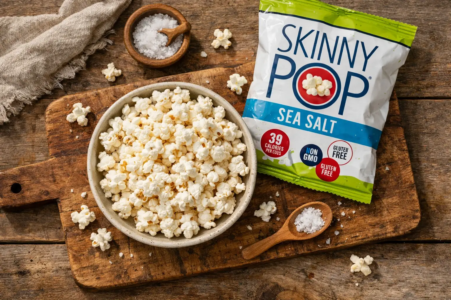 Fresh SkinnyPop Sea Salt Popcorn on rustic wooden table - 150 calories per 28g serving