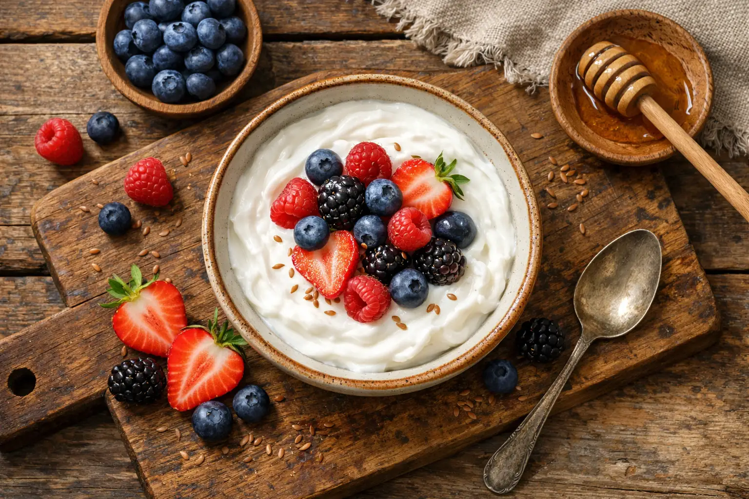 Skyr fresco en bol de cerámica con bayas - 100 calorías por porción de 150 g